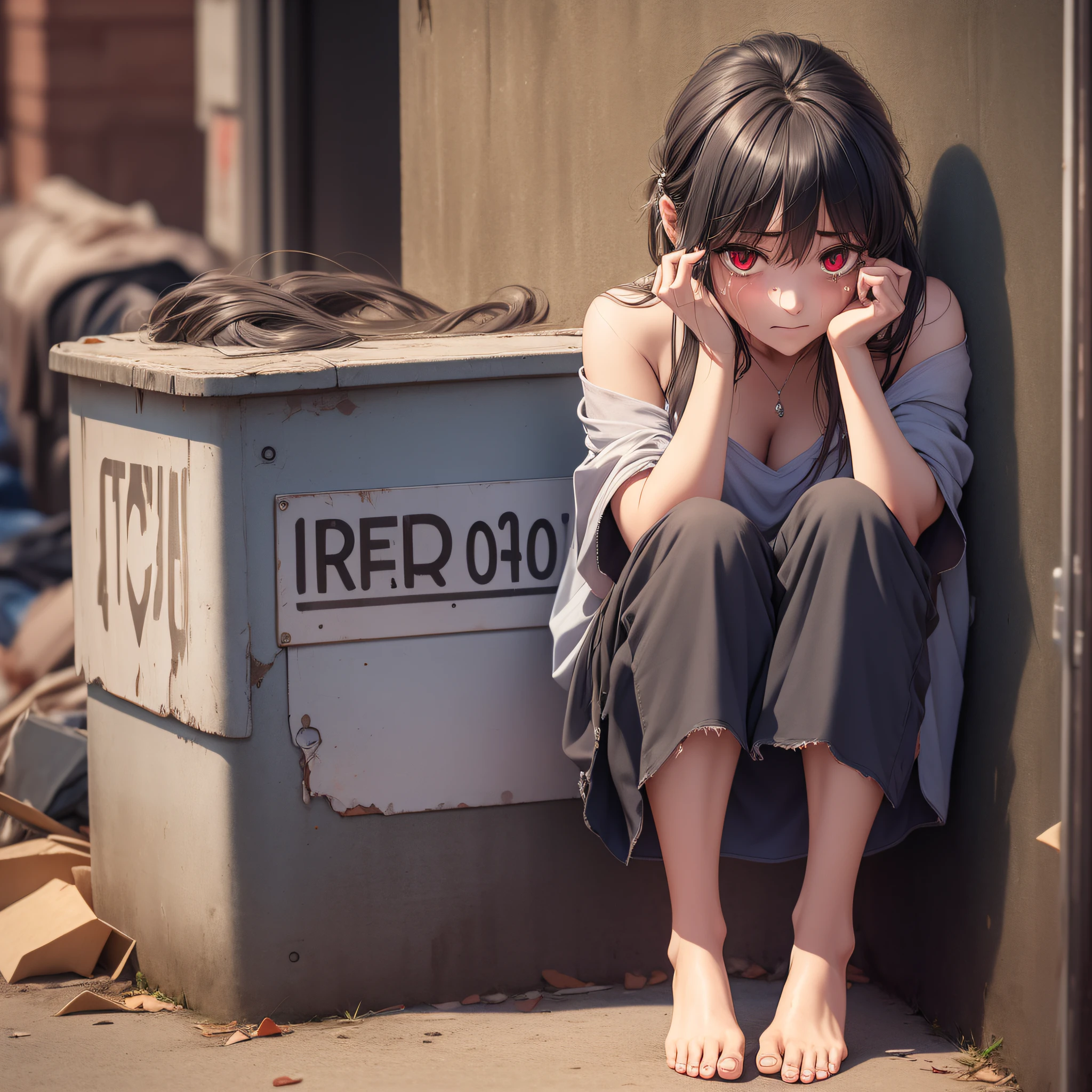 (4K), (best quality), (Best details), Yor Forger, beggar, gray torn shirt, beautiful, barefoot, crying, sadness, begging for money, no makeup, dirty body, red eyes, ashamed, standing with her hand outstretched, looking at viewer, standing next to a dumpster, sitting down.