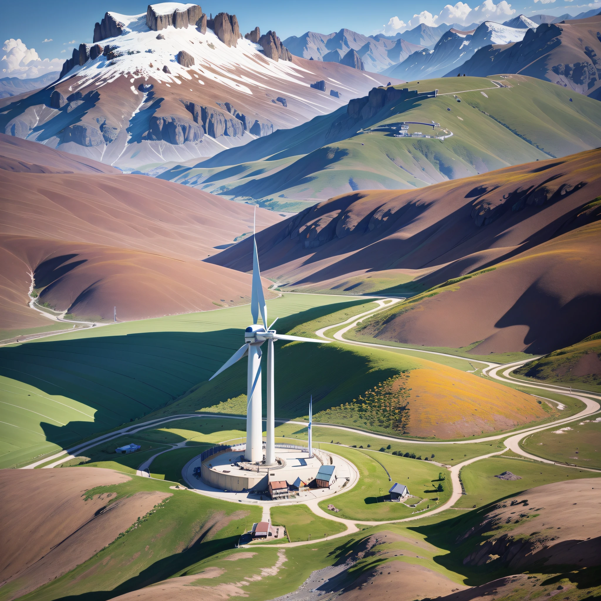 Wind turbine fan on a base station in the middle of the ridge, rolling low mountains, wind energy, sunny, photos taken from afar, giant, renewable energy, orderly arrangement, Carolina Cummings, complex, sharp, 4k ultra-fine picture, 16:9 --auto --s2