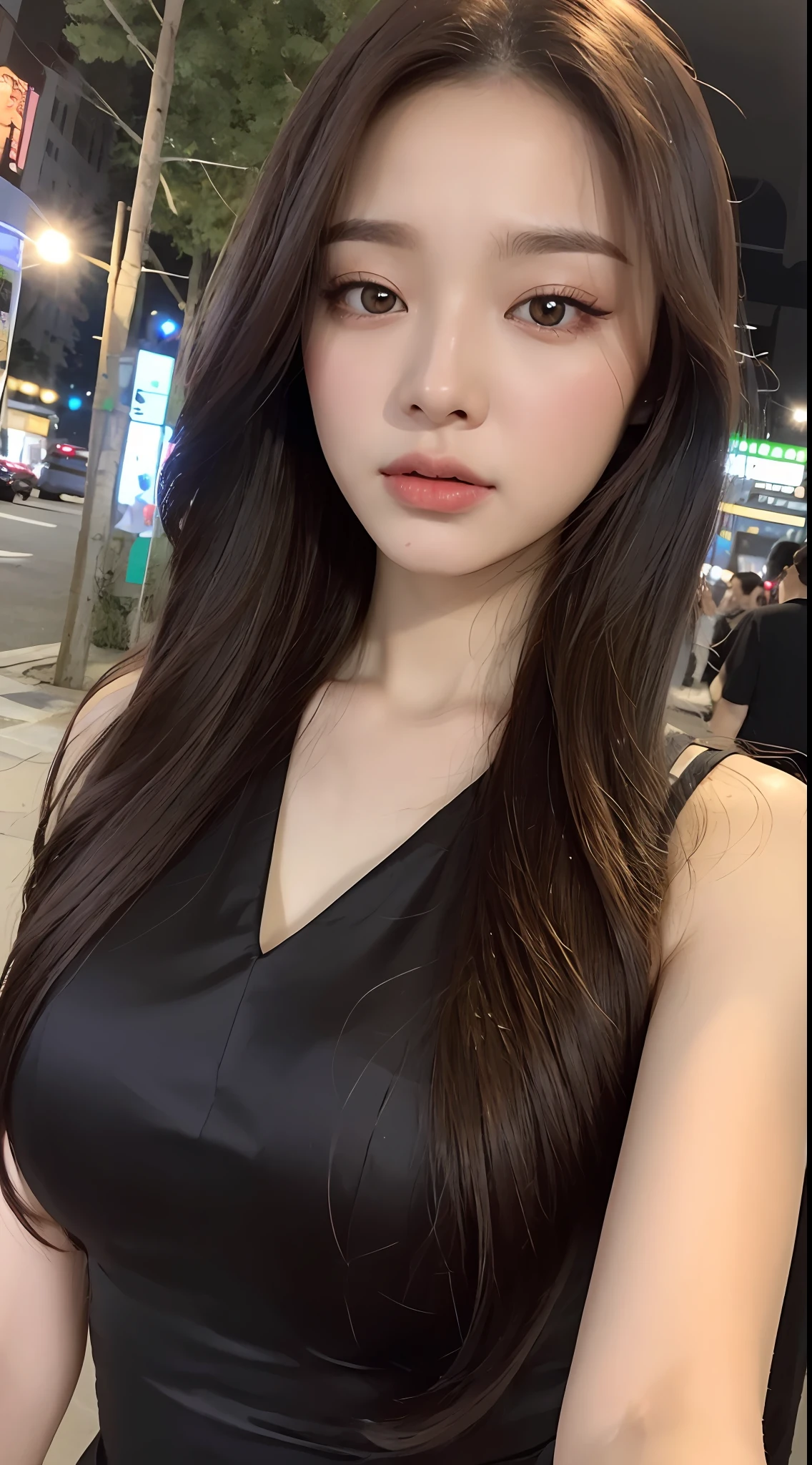 ((Realistic lighting, Best quality, 8K, Masterpiece: 1.3)), Clear focus: 1.2, 1girl, Perfect Body Beauty: 1.4, Slim Abs: 1.1, ((Dark Brown Hair, Big Breasts: 1.3)), (Aqua Dress: 1.4), (Outdoor, Night: 1.1), City Street, Super Fine Face, Fine Eyes, Double Eyelids