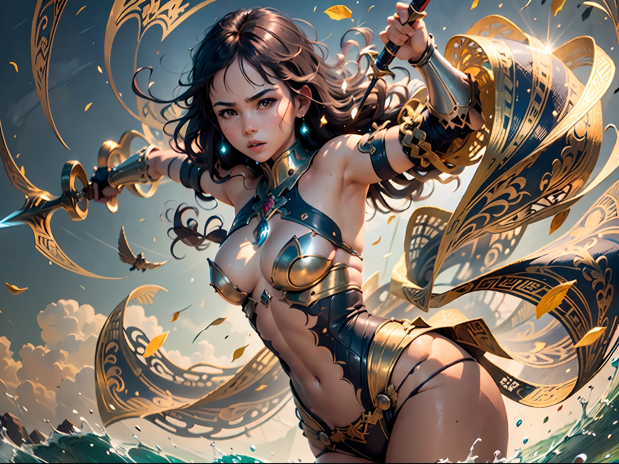 masterpiece, best quality, (extremely detailed CG unity 8k wallpaper), (best quality), (best illustration), (best shadow), The warrior amazonian girl stands tall in the center of a vast, open plain. She is tall and muscular, with a powerful and athletic build. Her skin is a rich, warm bronze color, and her hair is long and wild, flowing down her back in thick, dark waves. She wears a suit of bikini gold armor, with intricate designs etched into the metal. The armor wraps around her body, emphasizing her curves and strength. Her left arm is covered in a golden gauntlet, with sharp, pointed edges.

In her right hand, she holds a long, curved sword, its blade glinting in the sunlight. The sword is decorated with intricate designs and patterns, and its grip is wrapped in soft, supple leather. She holds the sword with confidence and ease, her arm held high and her grip firm.

Behind her, the open plain stretches out as far as the eye can see, with rolling hills and distant mountains. In the distance, you can see a small village, with thatched roofs and wooden huts. The sky overhead is clear and bright, with a warm, golden light that bathes the warrior girl in a soft glow.

The girl’s expression is fierce and determined, her eyes bright and focused. She is ready for anything, prepared to defend her people and her land with all of her strength and skill. Despite her formidable appearance, there is a sense of grace and beauty to her, a reminder that even in the midst of battle and conflict, there is still room for elegance and refinement.