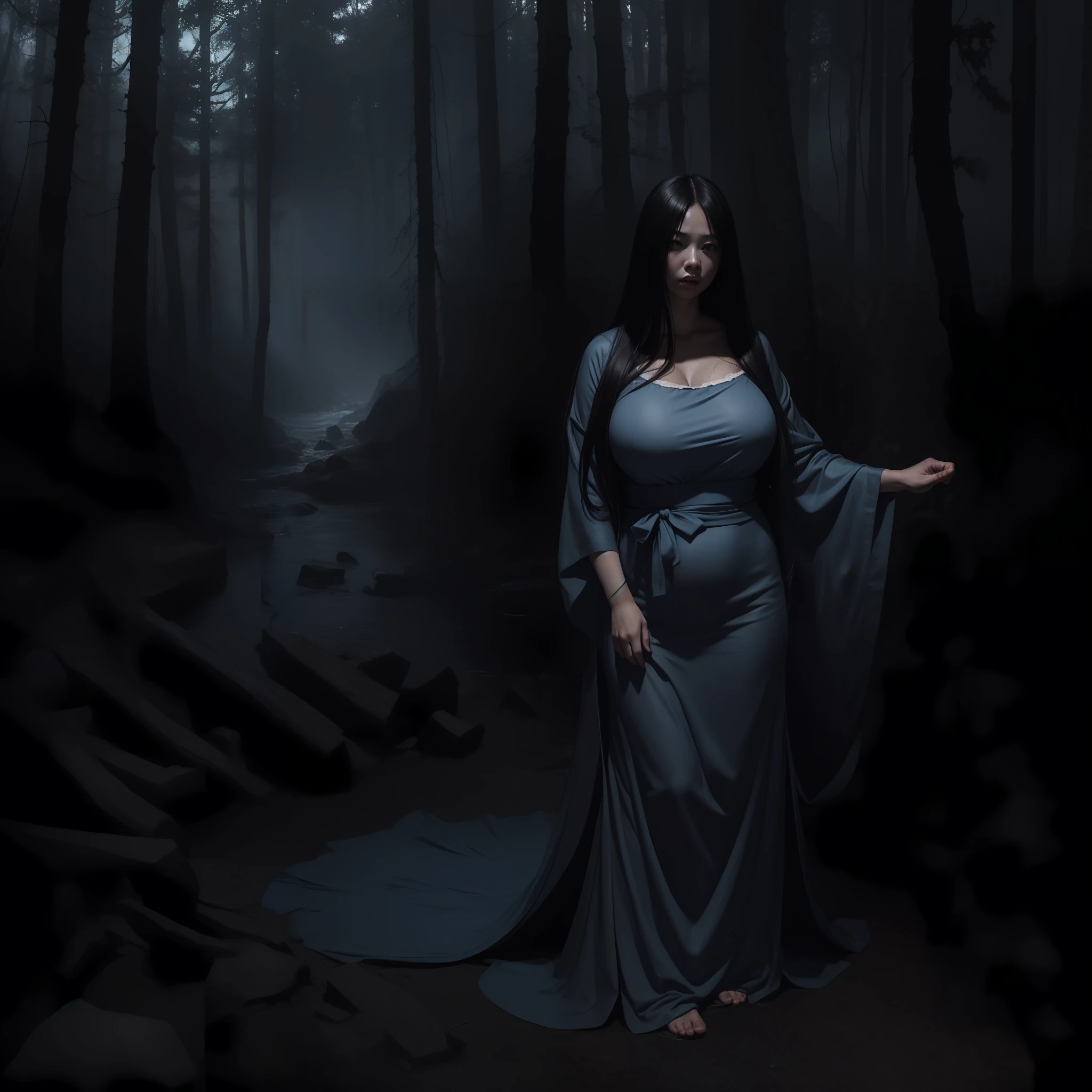 masterpiece, best-quality, realistic, detailed, dramatic light, horror art, gore, 1girl, Sadako, very long black hair, chubby body, huge big breasts, rotten gray-blue skin, wearing an white dress, getting out from a pit, a haunted forest as background,