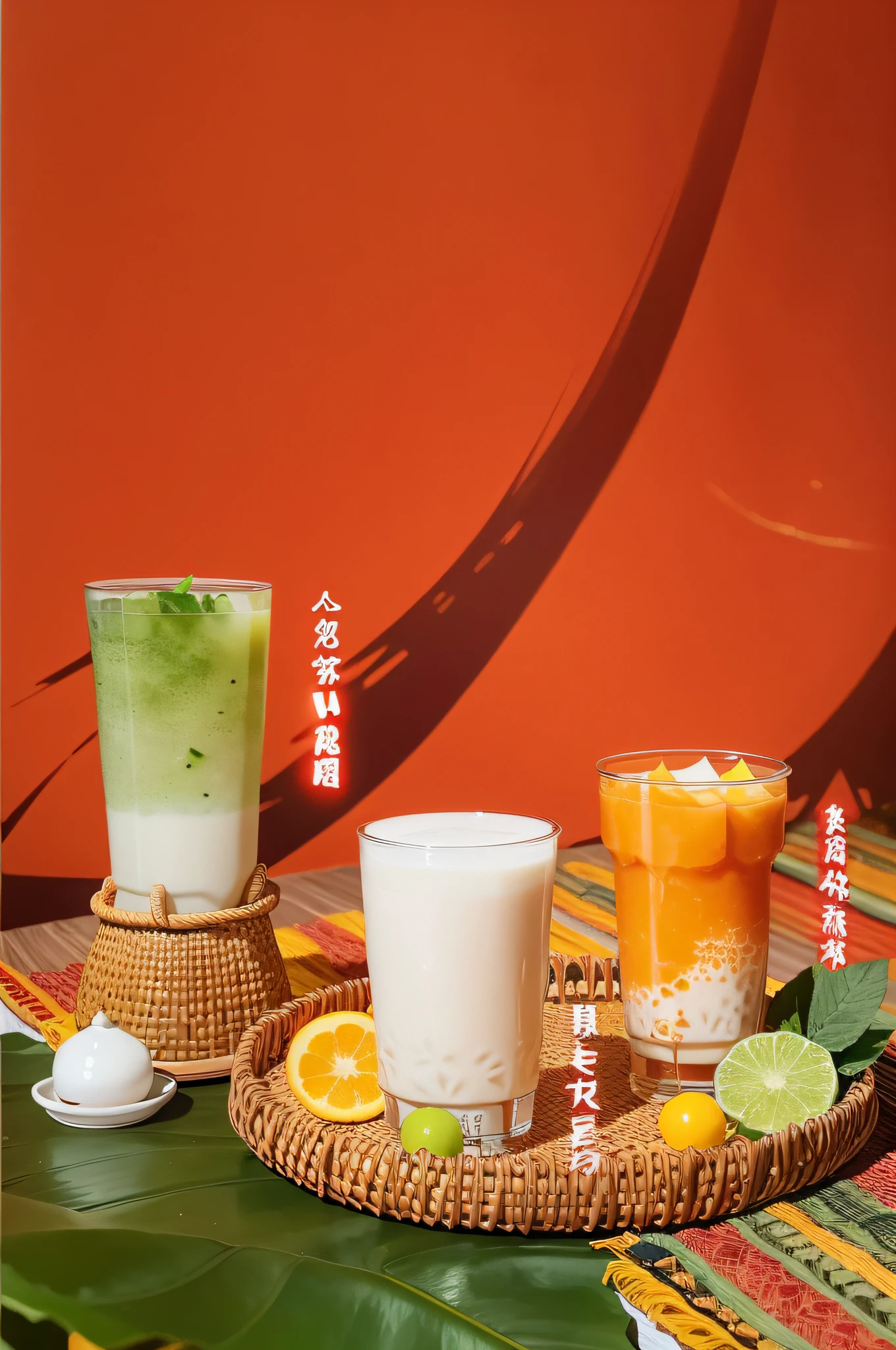 there are three cups of tea and a tray of fruit on a table, colored milk tea, official product image, inspired by Qu Leilei, nanquan, su fu, trending ，, jia, product introduction photo, drink, inspired by Ei-Q, 💣 💥, inspired by Cui Bai, daopao, halo halo halo halo 8k, qiangshu