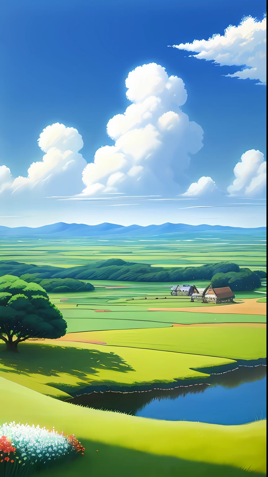 Realistic, authentic, beautiful and amazing landscape oil painting Studio Ghibli Hayao Miyazaki&#39;s petal grassland with blue sky and white clouds --v6