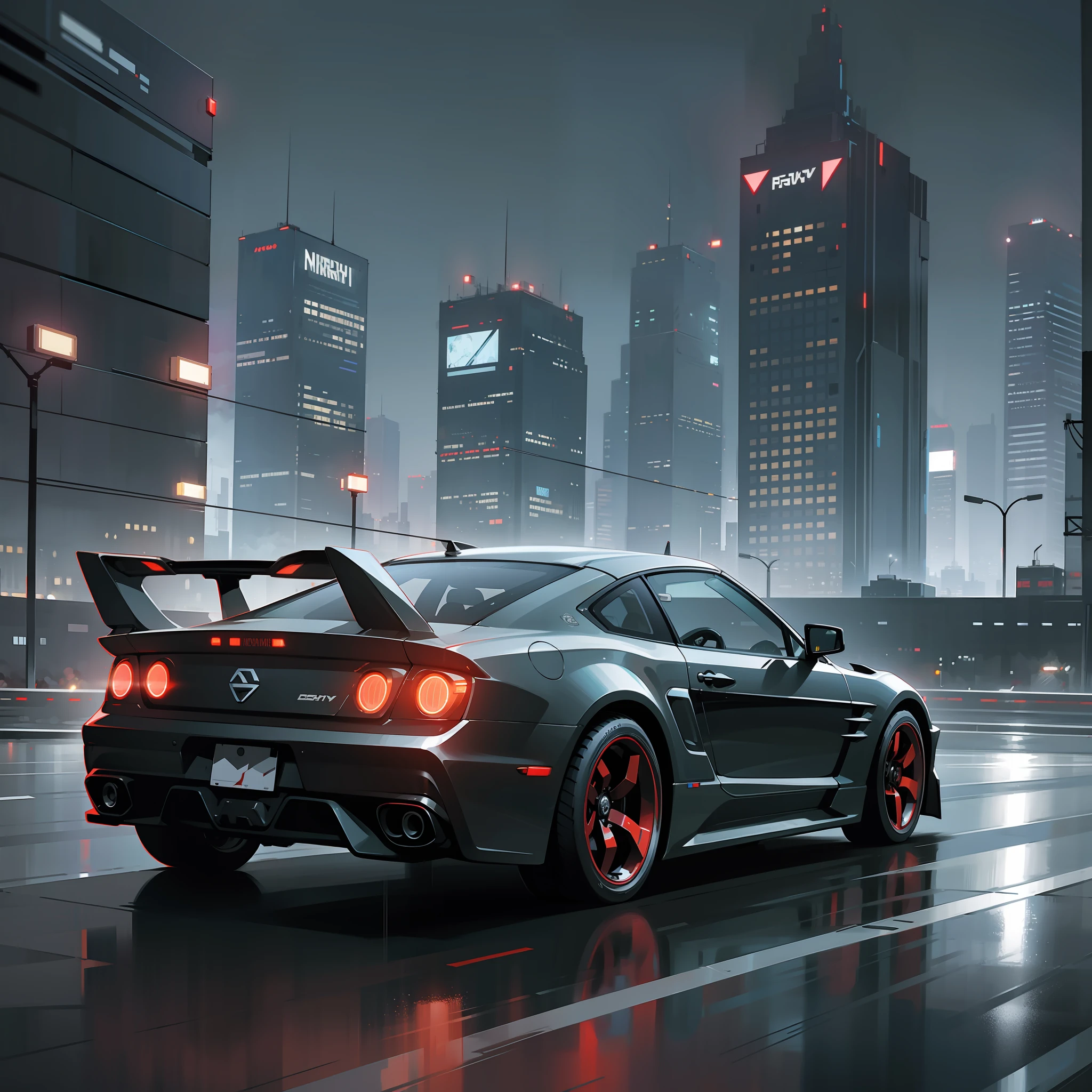 Cyberpunk style, dark night, city highway, car driving at high speed, empty surroundings, black sky, strong contrasting environment, fast car speeding in traffic.