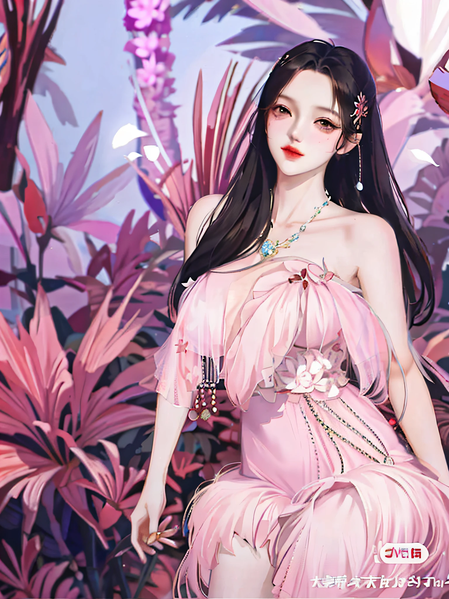 a close up of a woman in a pink dress in a garden, beautiful character painting, fantasy art style, trending on cgstation, a beautiful fantasy empress, digital anime illustration, ((a beautiful fantasy empress)), 8k high quality detailed art, artwork in the style of guweiz, beautiful alluring anime woman, anime fantasy illustration, by Yang J