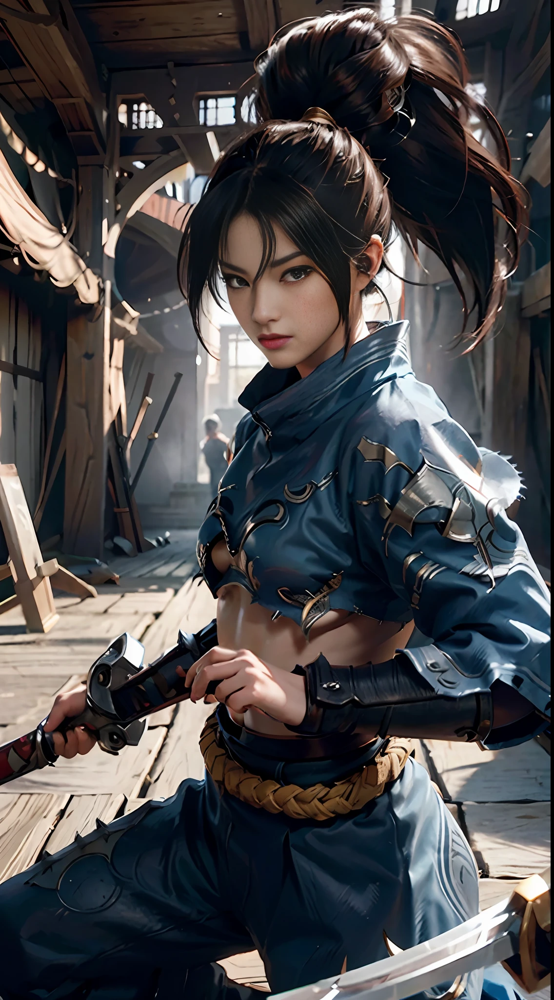 Handheld Sword, (Martial Arts Action), Masterpiece, Best Quality, Ultra High Resolution, Cloth Texture, (Realism: 2), Very Detailed, Beautiful, Small Details, Ultra Detailed, Best Quality, Digital Illustration, Detailed, Complex, 4k, Good Anatomy, Intricate Details, Masterpiece, (Illustration: 1.1), High Resolution, Masterpiece, Detailed Shadows, Amazing Detail, (Boy:Girl:0.8), League of Legends, yasuo_ (league_of_legends), 1girl , solo, brunette hair, ponytail, flowing hair, spiky hair, delicate eyes