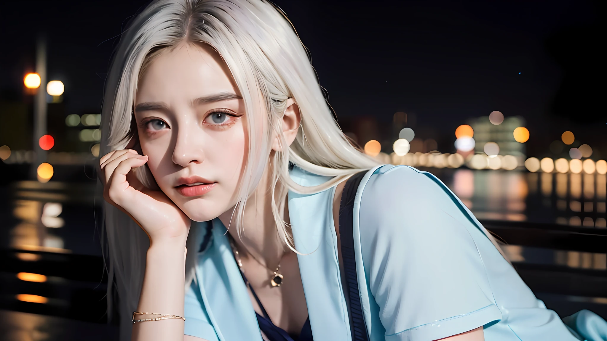 (8k, RAW photo, best quality, masterpiece:1.3),(realistic,photo-realistic:1.37),(night),(looking at viewer:1.331),(white hair),posing,Tokyo street,nightcityscape, cyberpunk city,soft light,1girl,extremely beautiful face,bust,put down hands,Random hairstyle,Random expression,big eyes, ,lower abdomen,(short-sleeved JK_shirt),JK_style,(dark blue JK_skirt) ,(bow JK_tie),mix4,  detailed eyes