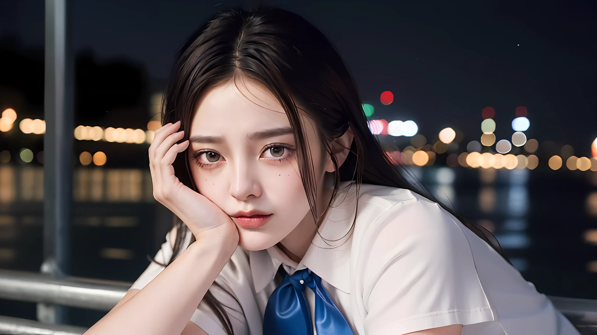 (8k, RAW photo, best quality, masterpiece:1.3),(realistic,photo-realistic:1.37),(night),(looking at viewer:1.331),(white hair),posing,Tokyo street,nightcityscape, cyberpunk city,soft light,1girl,extremely beautiful face,bust,put down hands,Random hairstyle,Random expression,big eyes, ,lower abdomen,(short-sleeved JK_shirt),JK_style,(dark blue JK_skirt) ,(bow JK_tie),mix4, detailed eyes