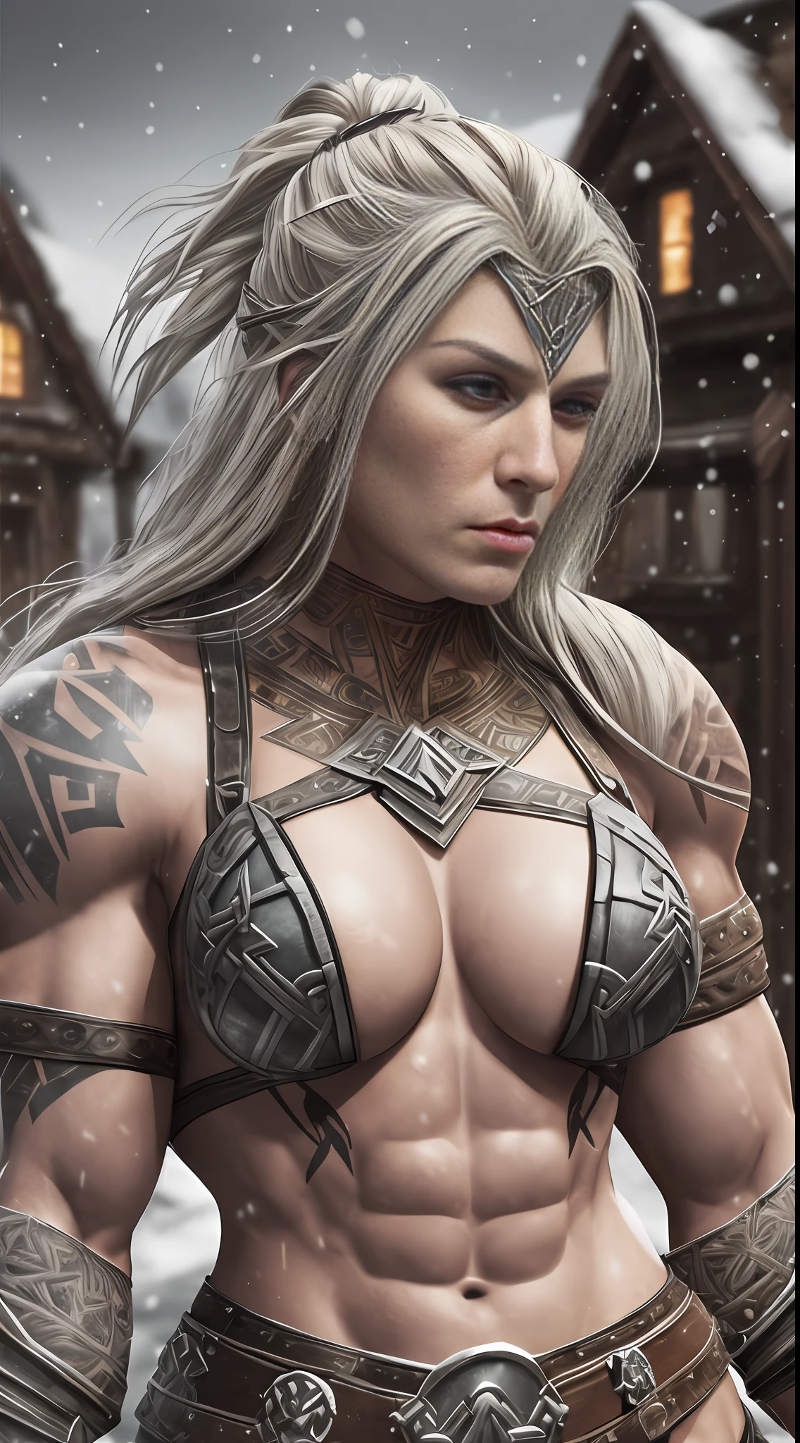 (muscular,superstrong woman viking ), Viking suit, viking tattoos, a background village, falling snow, ultra-realistic 3D rendering with Octane Render, (dramatic and vivid lighting),(stunning 8k resolution, crystal clear),precise texture details. --auto --s2