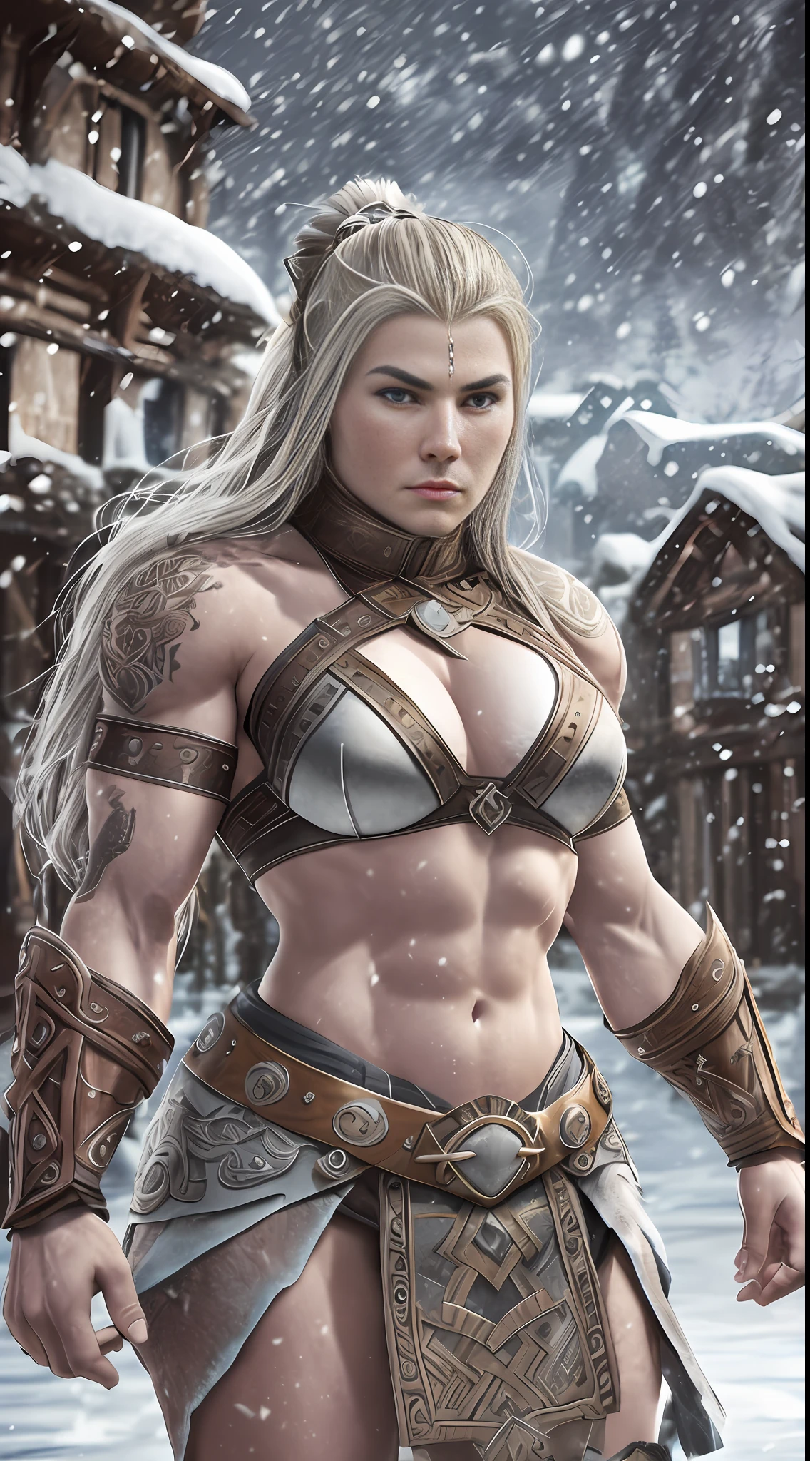 (muscular,superstrong woman viking ), Viking suit, viking tattoos, a background village, falling snow, ultra-realistic 3D rendering with Octane Render, (dramatic and vivid lighting),(stunning 8k resolution, crystal clear),precise texture details. --auto --s2