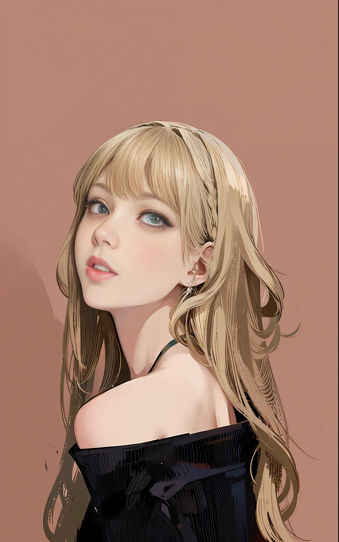 a woman with long blonde hair and a black top, lalisa manobal, lalisa manoban of blackpink, portrait of jossi of blackpink, jossi of blackpink, roseanne park of blackpink, sun yunjoo, with bangs, with full bangs, center parted bangs, popular south korean makeup, portrait jisoo blackpink, popular korean makeup, straight bangs