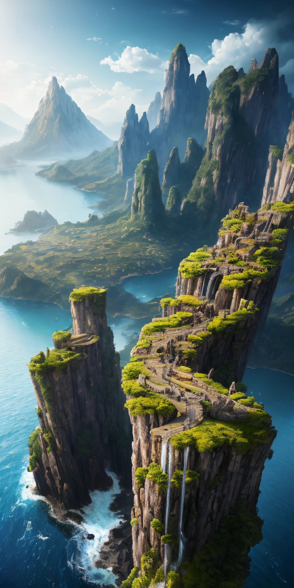 Masterpiece, best quality, high quality, extremely detailed CG unity 8k wallpaper, landscape, outdoor, sky, cloud, sky, no humans, mountain, landscape, water, tree, blue sky, waterfall, cliff, nature, lake, river , cloudy skies, award winning photography, bokeh, depth of field, HDR, bloom, chromatic aberration, photorealism, very detailed, trending on artstation, trending on CGsociety, intricate, high detail, dramatic, midjourney art