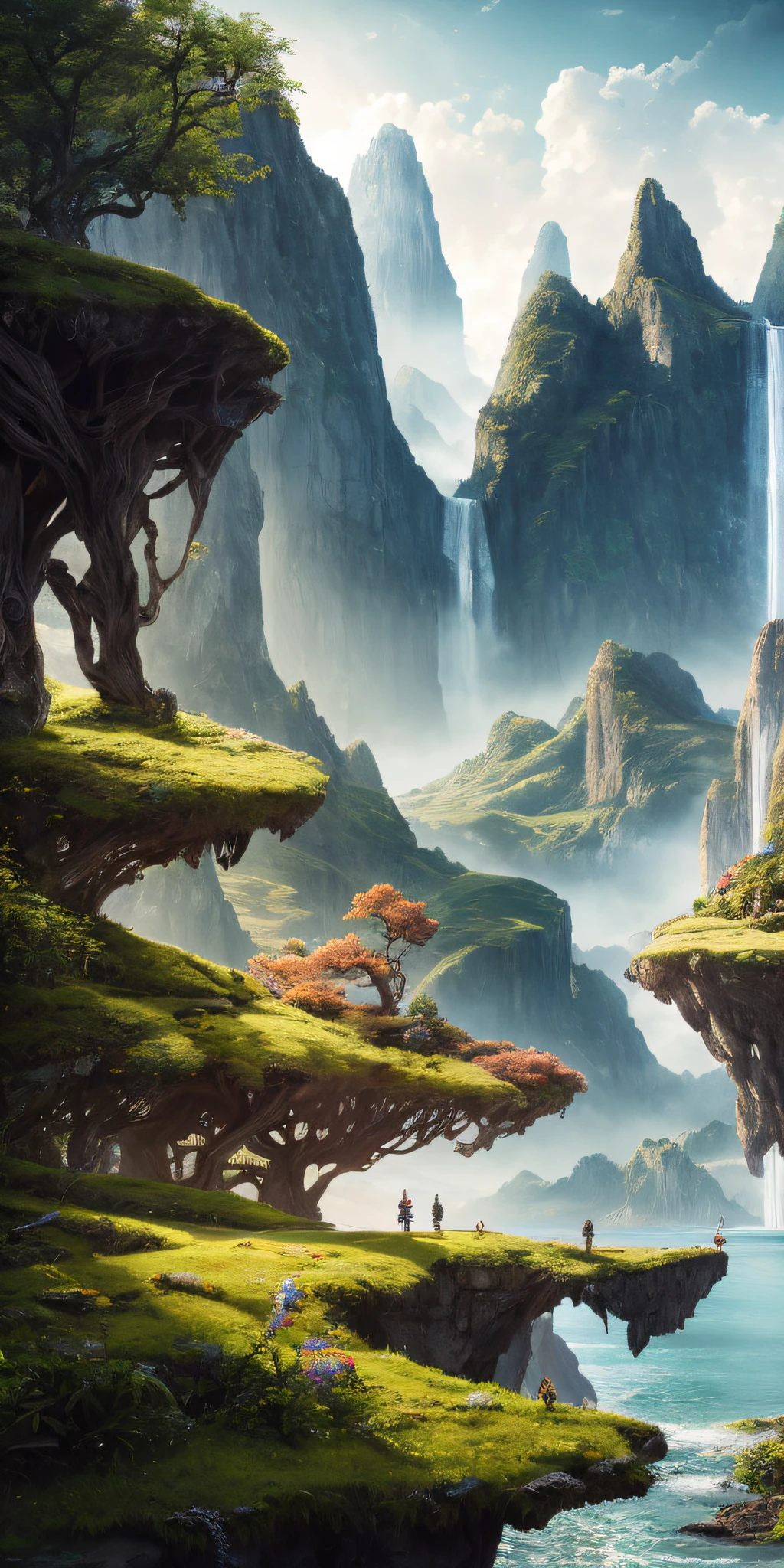 Masterpiece, best quality, high quality, extremely detailed CG unity 8k wallpaper, landscape, outdoor, sky, cloud, sky, no humans, mountain, landscape, water, tree, blue sky, waterfall, cliff, nature, lake, river , cloudy skies, award winning photography, bokeh, depth of field, HDR, bloom, chromatic aberration, photorealism, very detailed, trending on artstation, trending on CGsociety, intricate, high detail, dramatic, midjourney art