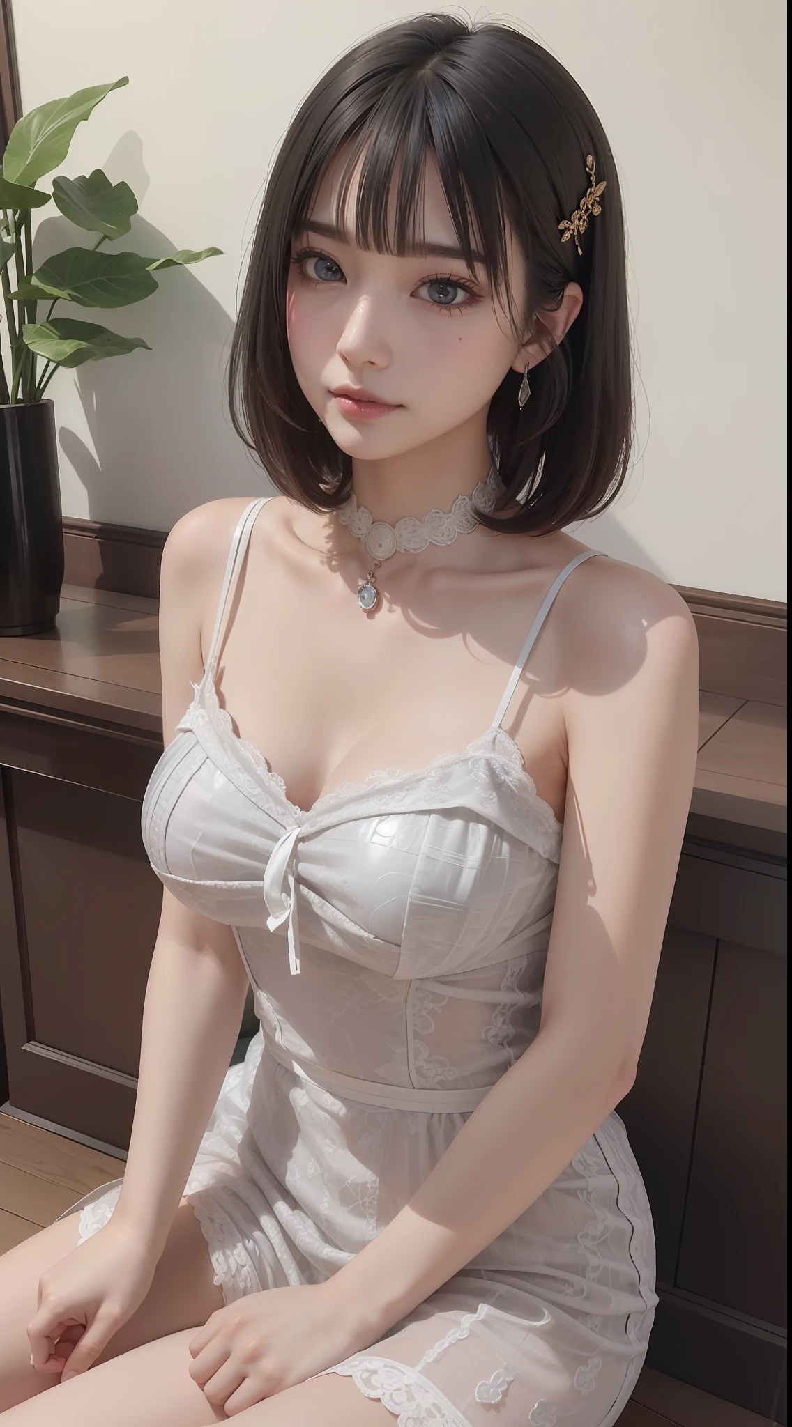 mouth closed, balanced eyes, Detailed beautiful delicate face,(Detailed beautiful delicate eyes:1.32),Depth of field, Ray tracing, (a beautiful 20 y.o cute Korean lady:0.7), (large breast:1.05), tall_female, beautiful_legs, Glowing Eyes, blush, perfect petite body, skinny, blurry outdoor background, [silver tight-fitting sheer fabric lace slip dress:1], stockings and garterbelt:1.2, angled bob cut hair, cozy living room, sunlight, on sofa, earrings, necklace, model, looking at viewer, dynamic pose, earrings, black lace choker, model, looking at viewer, from side, dynamic pose, front facing, absurdes, (Best quality details:1.42), realistic,8K High definition, Ultra Detailed, High quality texture, intricate details, detailed texture, finely detailed, high detail, extremely detailed cg, High quality shadow,