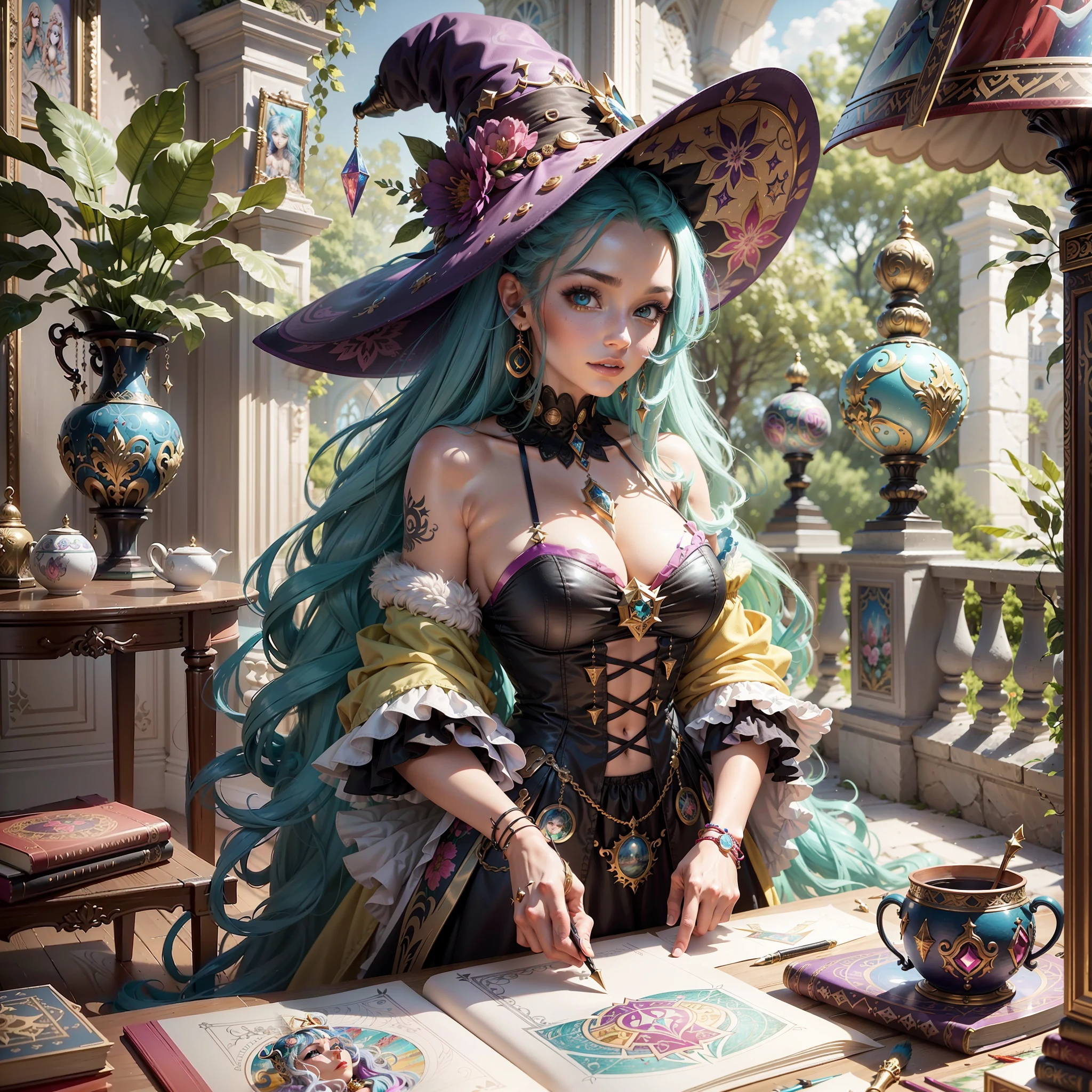 Imaginara is a young and exuberant character, with multicolored hair in vibrant tones and extravagant clothes. She wears a witch's hat decorated with ornaments and carries a sketchbook filled with drawings.
Powers: Imaginara has the gift of bringing her illustrations to life, allowing the creatures and objects she draws to become real. She also possesses the ability to manipulate the imagination of others, which can create powerful illusions and alter the perception of reality.
Setting: Imaginara resides in a magical tower surrounded by an enchanted garden. The tower is filled with paintings, drawings and sculptures made by herself, and each work of art comes to life in her presence, creating a unique and ever-changing environment.