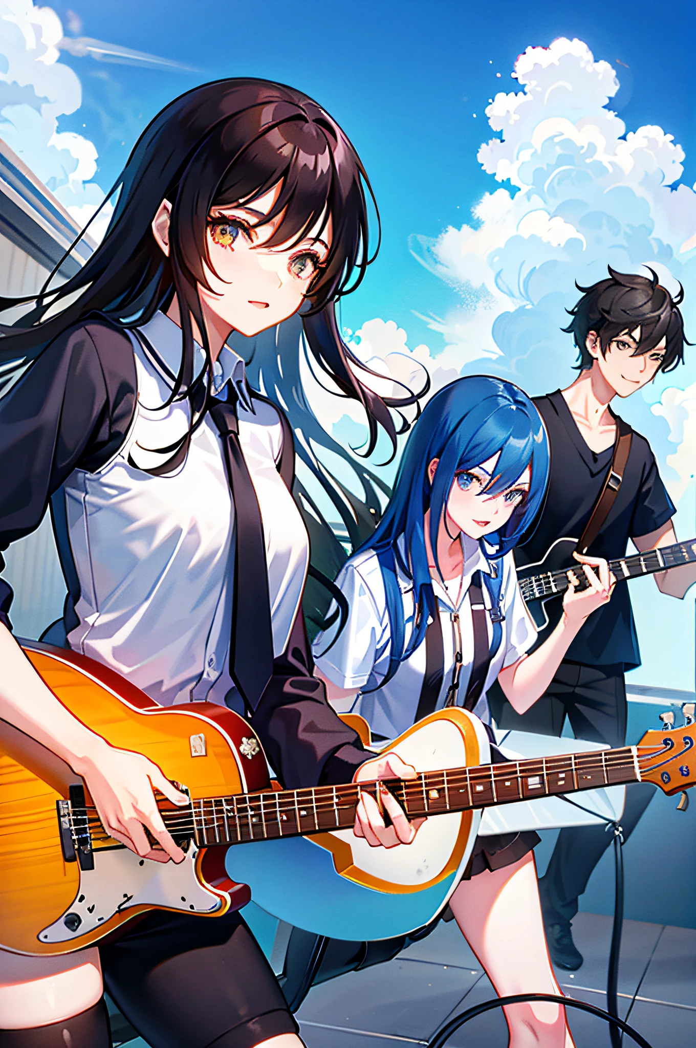 High school building rooftop, fivesome male and female, rock band, playing, electric guitar, electric bass, drums, keyboard, vocals, blue sky