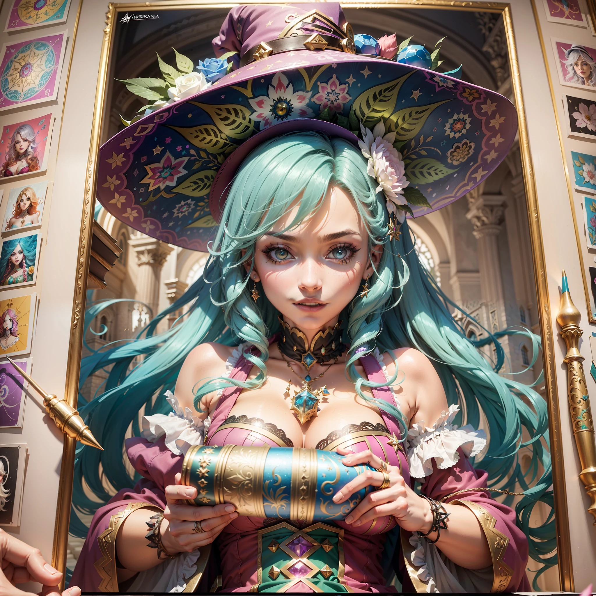 Imaginara is a young and exuberant character, with multicolored hair in vibrant tones and extravagant clothes. She wears a witch's hat decorated with ornaments and carries a sketchbook filled with drawings.

Powers: Imaginara has the gift of bringing her illustrations to life, allowing the creatures and objects she draws to become real. She also possesses the ability to manipulate the imagination of others, which can create powerful illusions and alter the perception of reality.

Setting: Imaginara resides in a magical tower surrounded by an enchanted garden. The tower is filled with paintings, drawings and sculptures made by herself, and each work of art comes to life in her presence, creating a unique and ever-changing environment.