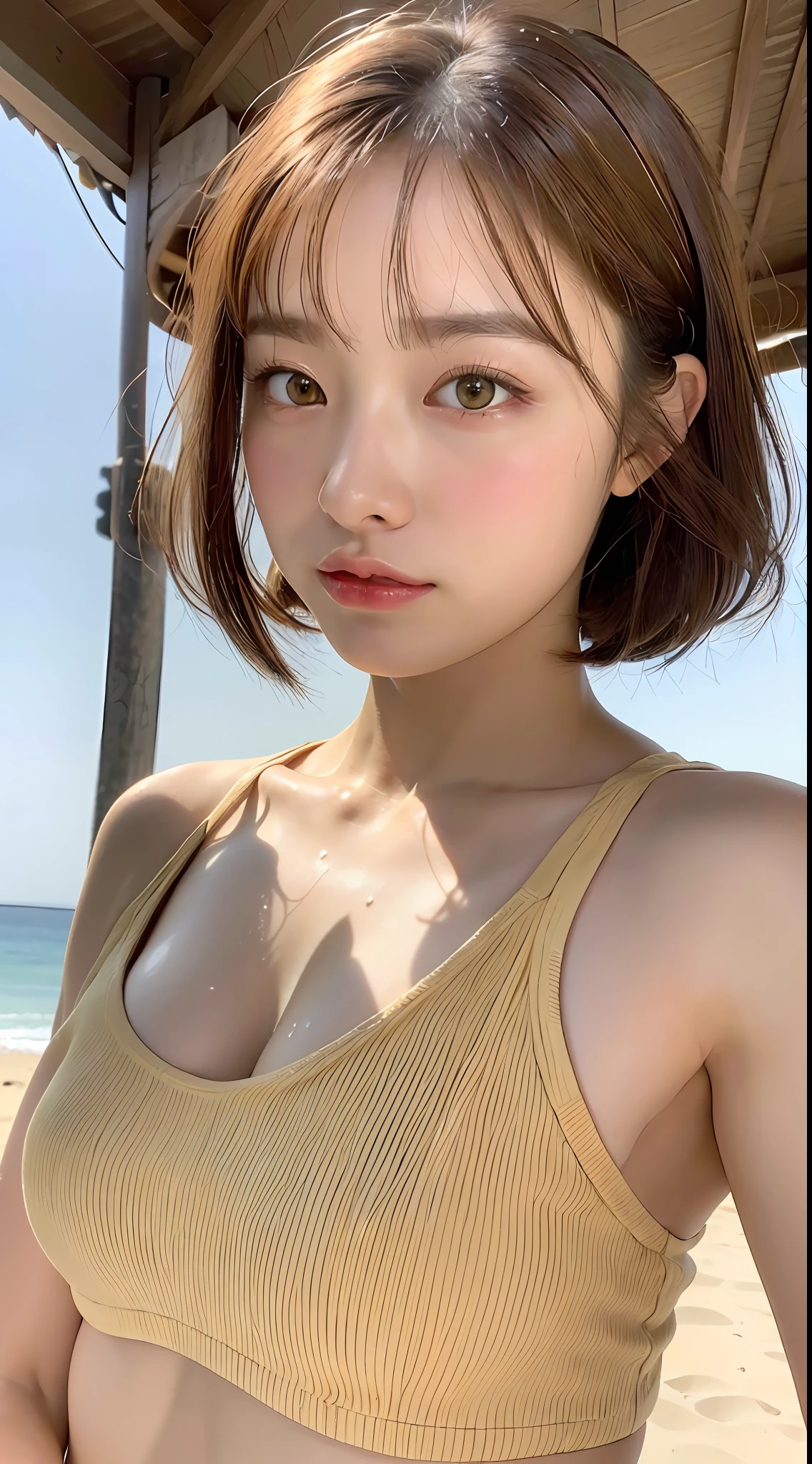 (Best Quality, 8k, 32k, Masterpiece, UHD: 1.2), Cute Japan Woman Pictures, 1 Girl, (Big), (Tall Women), (Abs), (Lips), Closed Mouth, (Medium Short Golden Hair), Double Eyelids, Wet Skin, T-Back, Realistic Rays, Beach