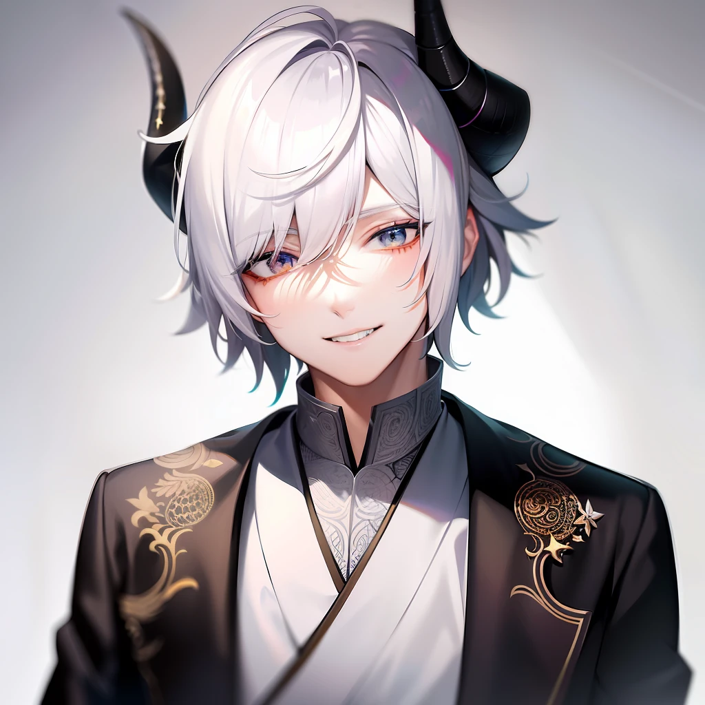 Two-dimensional handsome youth, male, with horns on the head, raised corners of the mouth, delicate face, perfect avatar, smile, HD big picture, Japanese manga style, colorful, color creative, side face, short white hair, white skin