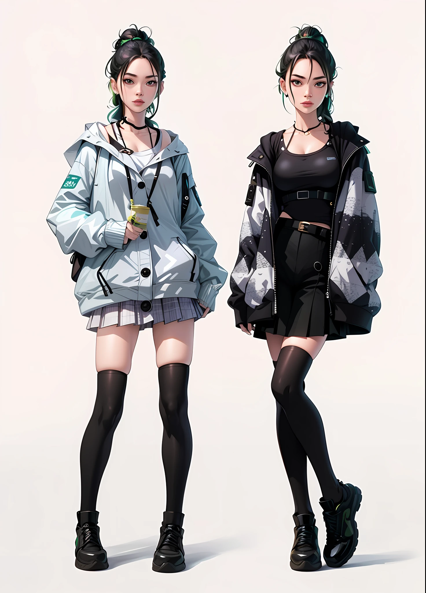 girl, vertical painting, natural light, global light, front view, fashion, gold dragon pattern, pattern, clothing, headset, zipper, buttons, pattern, logo, pleats, belt, sophisticated, generate more details, light green hair, dark green vest, light green t-shirt, black shorts, sneakers, black backpack, modern, anime style, anime, modern, futuristic, first-person perspective, panorama, concept art, uhd, masterpiece, ccurate, textured skin, super detail, high detail, high quality, Best quality, high resolution, no background, white background