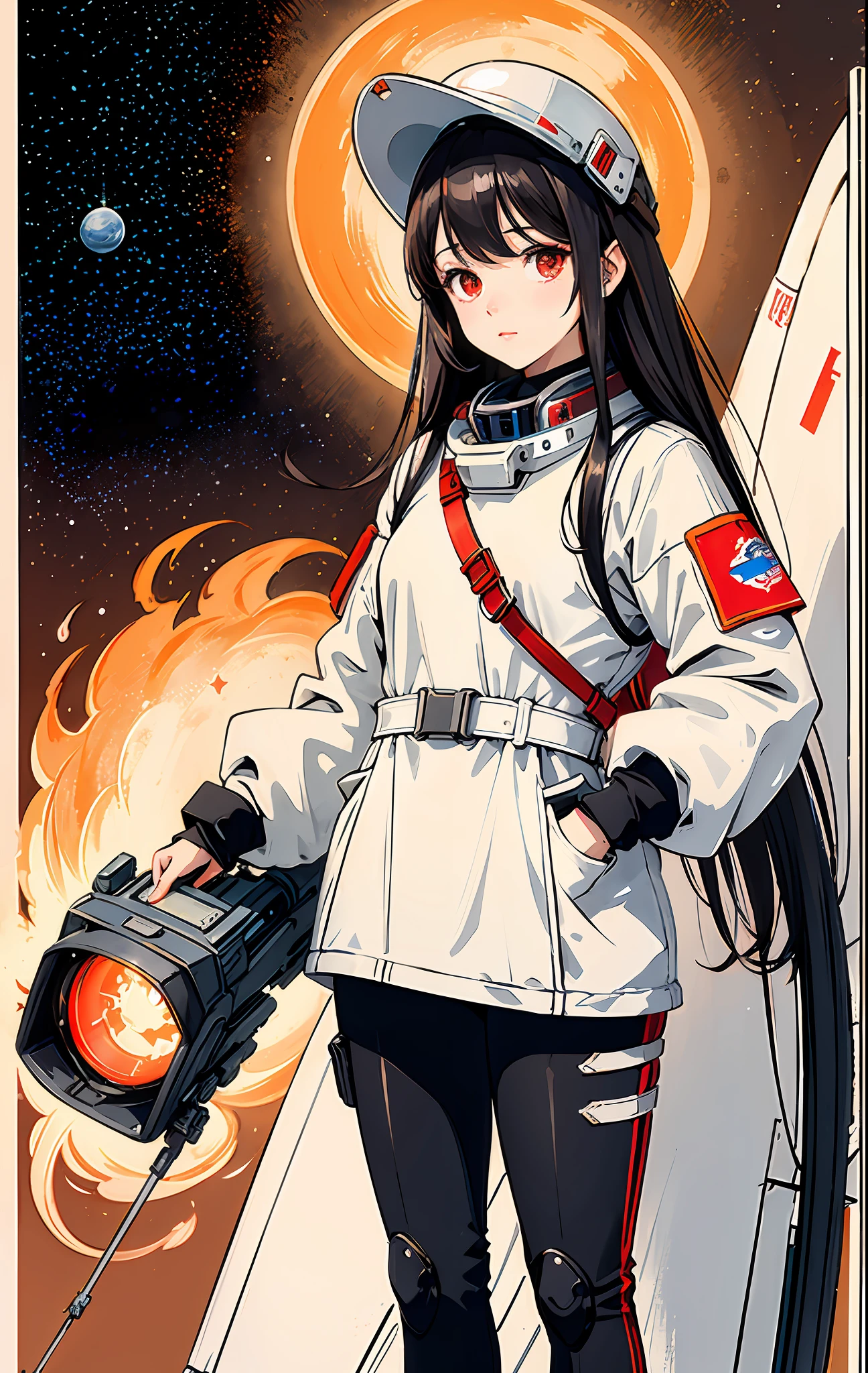 1girl, flat chested, cute, beautiful detailed eyes, shiny hair, visible through the hair, hair between the eyes, CCCPposter, sovietposter, red monochrome, Soviet poster, USSR, communism, black hair, red eyes, vampire ,girl,small breasts,spacesuit:Orange_clothing_body:jumpsuit ), white_gloves, white_space shoes, white_helmet, CCCP scarlet letters on the top of the helmet, weightlessness, Side light, reflection, the person in the spacesuit is at the bottom left of the picture, right hand outstretched, right hand Gently touch the Salyut space station), the space station in the upper right corner of the screen, the reflected light of the sun, silver metal, red flag, brilliance, Soviet style, diffuse reflection, metal texture, blue earth in the distance, mech style, star sea, high-profile, majestic