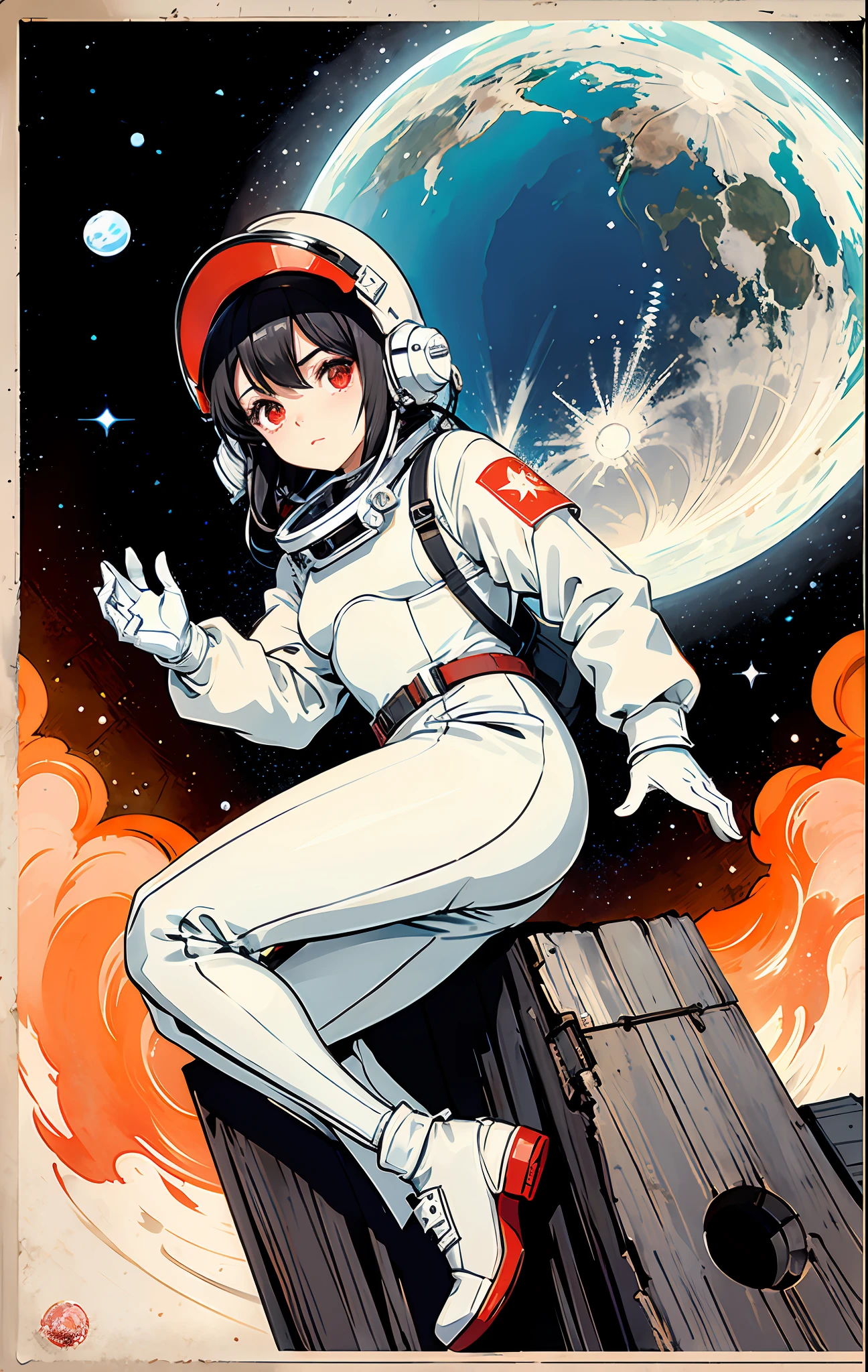 1girl, flat chested, cute, beautiful detailed eyes, shiny hair, visible through the hair, hair between the eyes, CCCPposter, sovietposter, red monochrome, Soviet poster, USSR, communism, black hair, red eyes, vampire ,girl,small breasts,spacesuit:Orange_clothing_body:jumpsuit ), white_gloves, white_space shoes, white_helmet, CCCP scarlet letters on the top of the helmet, weightlessness, Side light, reflection, the person in the spacesuit is at the bottom left of the picture, right hand outstretched, right hand Gently touch the Salyut space station), the space station in the upper right corner of the screen, the reflected light of the sun, silver metal, red flag, brilliance, Soviet style, diffuse reflection, metal texture, blue earth in the distance, mech style, star sea, high-profile, majestic