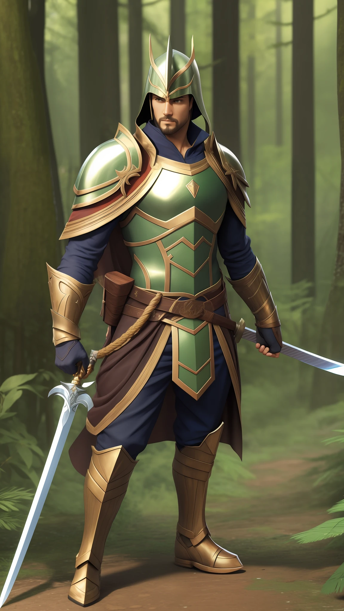 hero, with 2 swords, standing in the middle of the forest, realistic, 3d