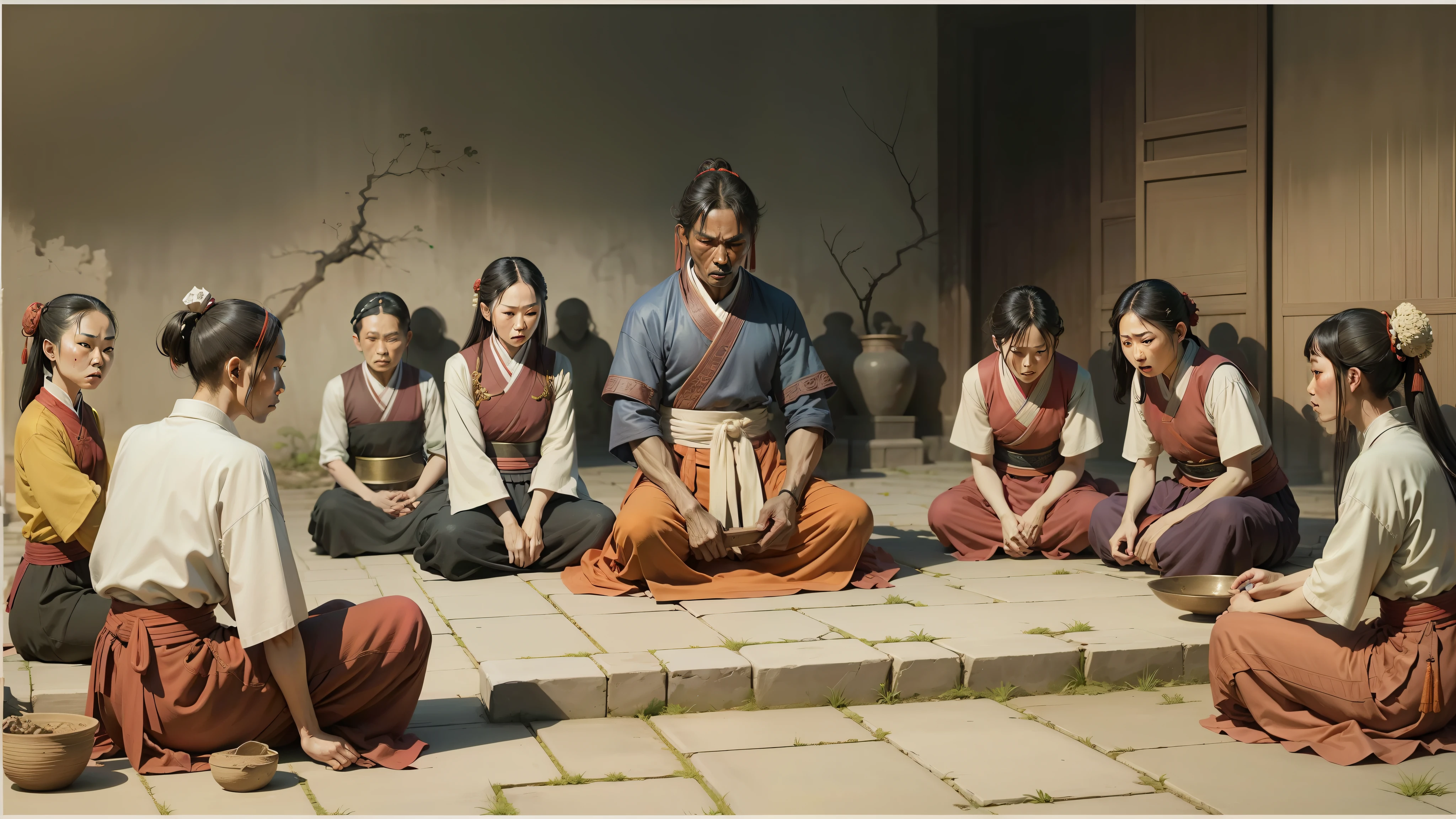 In ancient China, a group of slaves knelt around a slave owner, and the scene was a sacrificial scene, bloody atmosphere, serious expression, Ito Junji's style --auto --s2