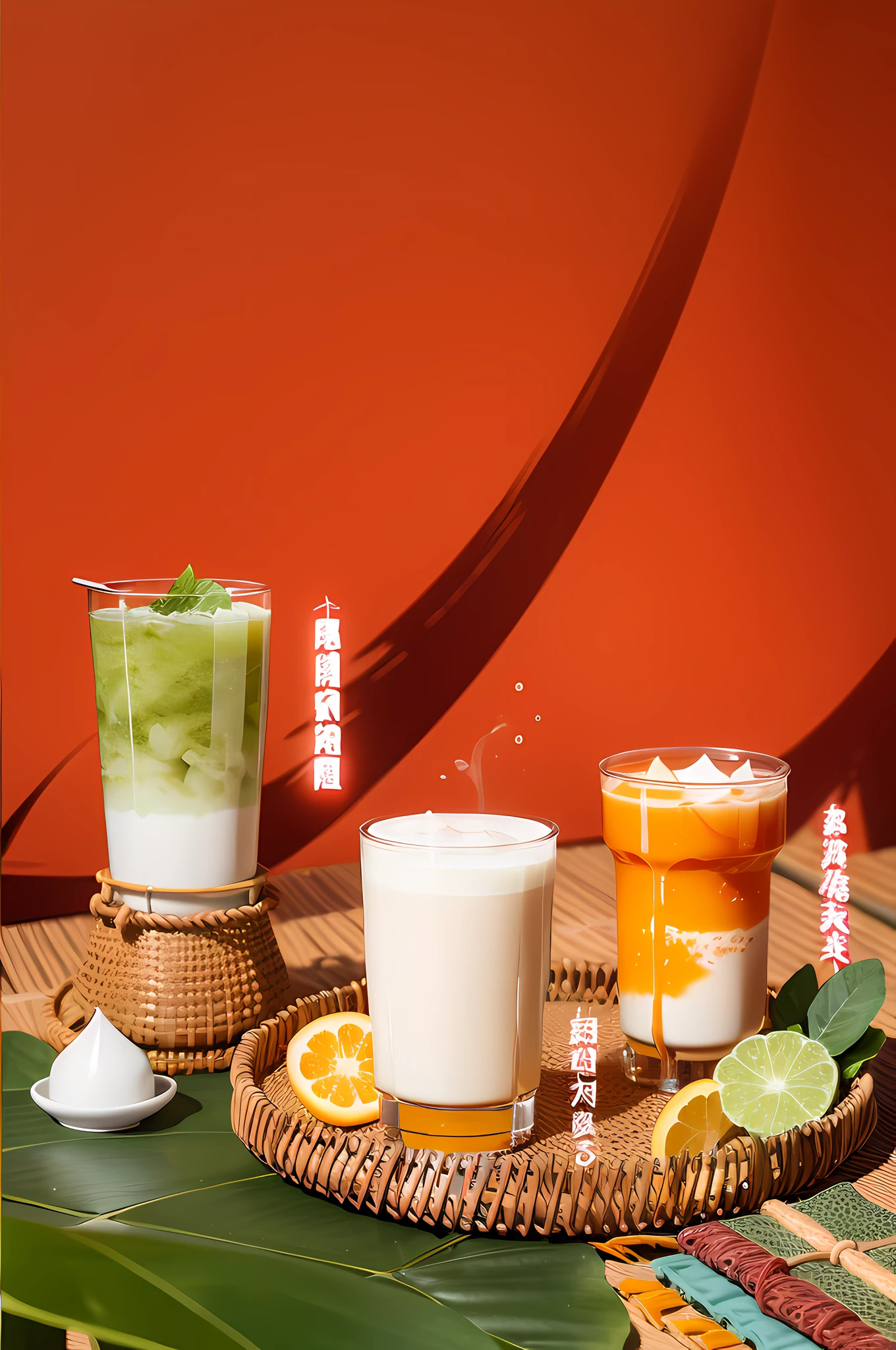 there are three cups of tea and a tray of fruit on a table, colored milk tea, official product image, inspired by Qu Leilei, nanquan, su fu, trending ，, jia, product introduction photo, drink, inspired by Ei-Q, 💣 💥, inspired by Cui Bai, daopao, halo halo halo halo 8k, qiangshu