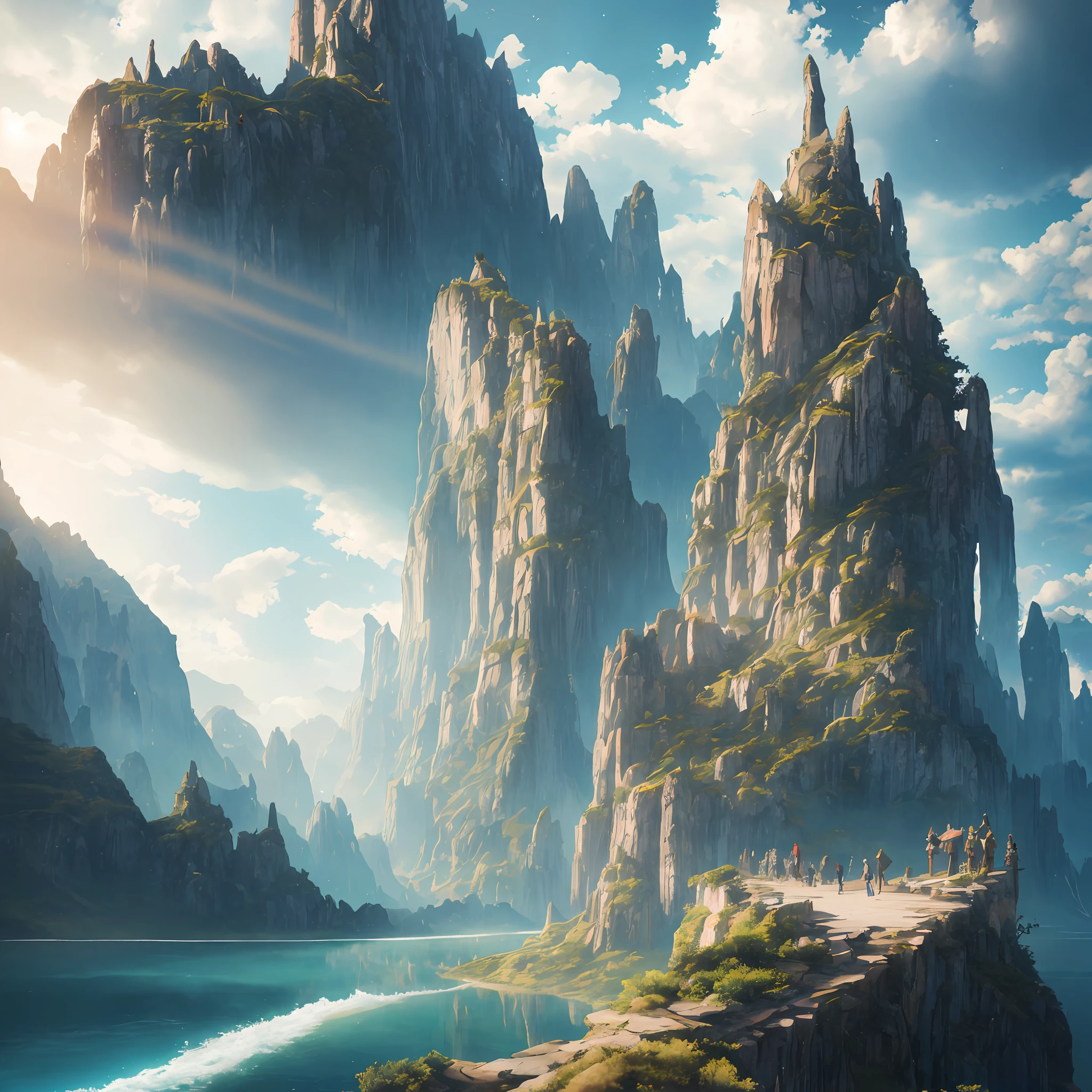 Masterpiece, best quality, high quality, extremely detailed CG unity 8k wallpaper, landscape, outdoor, sky, cloud, sky, no humans, mountain, landscape, water, tree, blue sky, waterfall, cliff, nature, lake, river , cloudy skies, award winning photography, bokeh, depth of field, HDR, bloom, chromatic aberration, photorealism, very detailed, trending on artstation, trending on CGsociety, intricate, high detail, dramatic, midjourney art