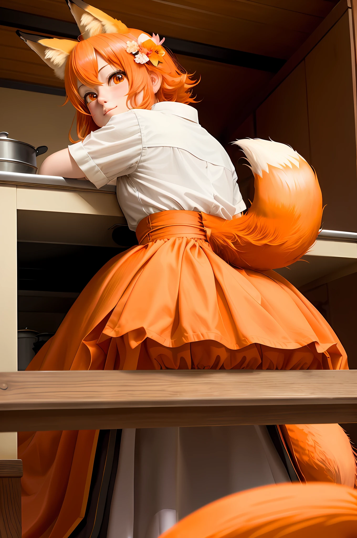 high detail, (photorealistic), realistic, masterpiece, best quality, ((portrait of Senko-san's face The helpful fox )), Senko-sancroptop, detailed face, detailed eyes, (hair flower), (hair ornament), (orange eyes), (orange hair), (short hair), tail, flat chest, Japanese maid, miko, happy, [pentagram] [on top of a bench], [cooking], [looking at the stove], back, hairy tail, viewer's view from top to bottom.