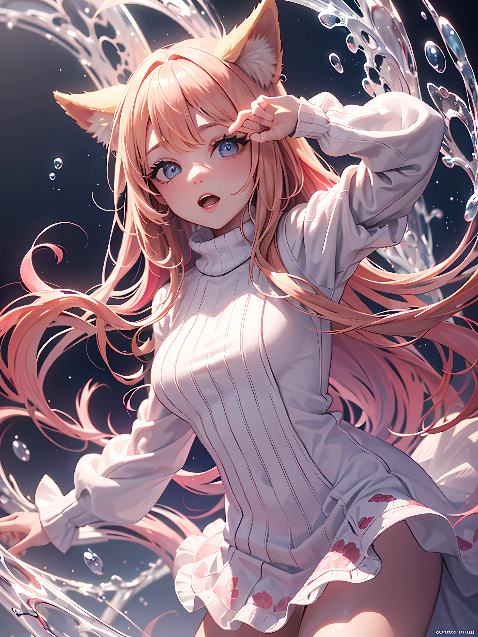 (masterpiece:1.2, best quality), (finely detailed beautiful eyes: 1.2), (detailed background,dark fantasy), (beautiful detailed face), high contrast, (best illumination, an extremely delicate and beautiful), ((cinematic light)), masterpiece, best quality, ultra-detailed, beautiful lighting,cowboy shot, solo, 1girl, dog theme, dog ears, dog tail, happy, open mouth, oversized sweater, detailed background, flying particles, dynamic, water drops, action pose, 3d render, blender, wallpaper. ((color theme:red, pink, white)), ((blonde hair))