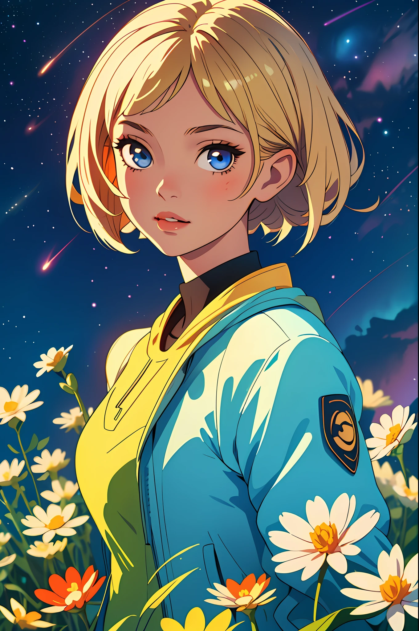 (Best Quality, Masterpiece), 1girl, Pose, Particle, Wind, Flower, Upper Body, Simple Background, Looking at the Viewer, Blonde, Milky Way, Aesthetic