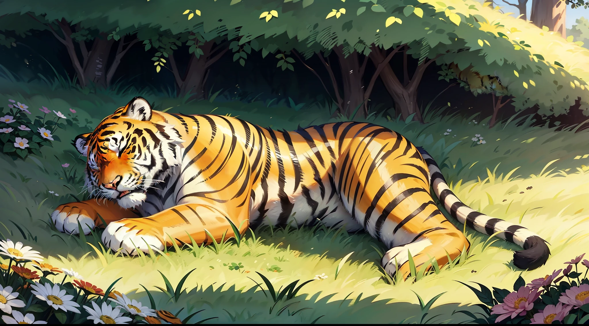 Cute little tiger, sleeping on his stomach in the grass, tiger close-up, detailed tiger, tiger surrounded by flowers and grass, black and white ink painting, black and white watercolor