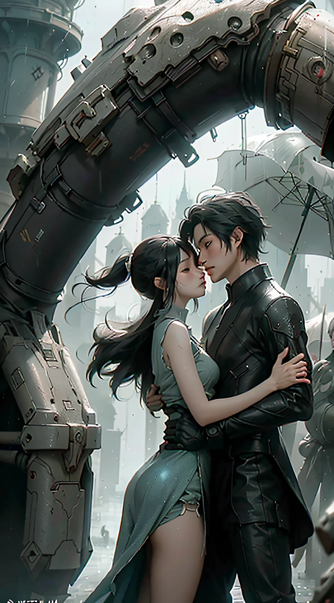 The anime scene of a couple kissing in the rain in front of a huge object, Ross Tran and Bayard Wu, is depicted as a sci-fi scene, emotional concept art, love concept art