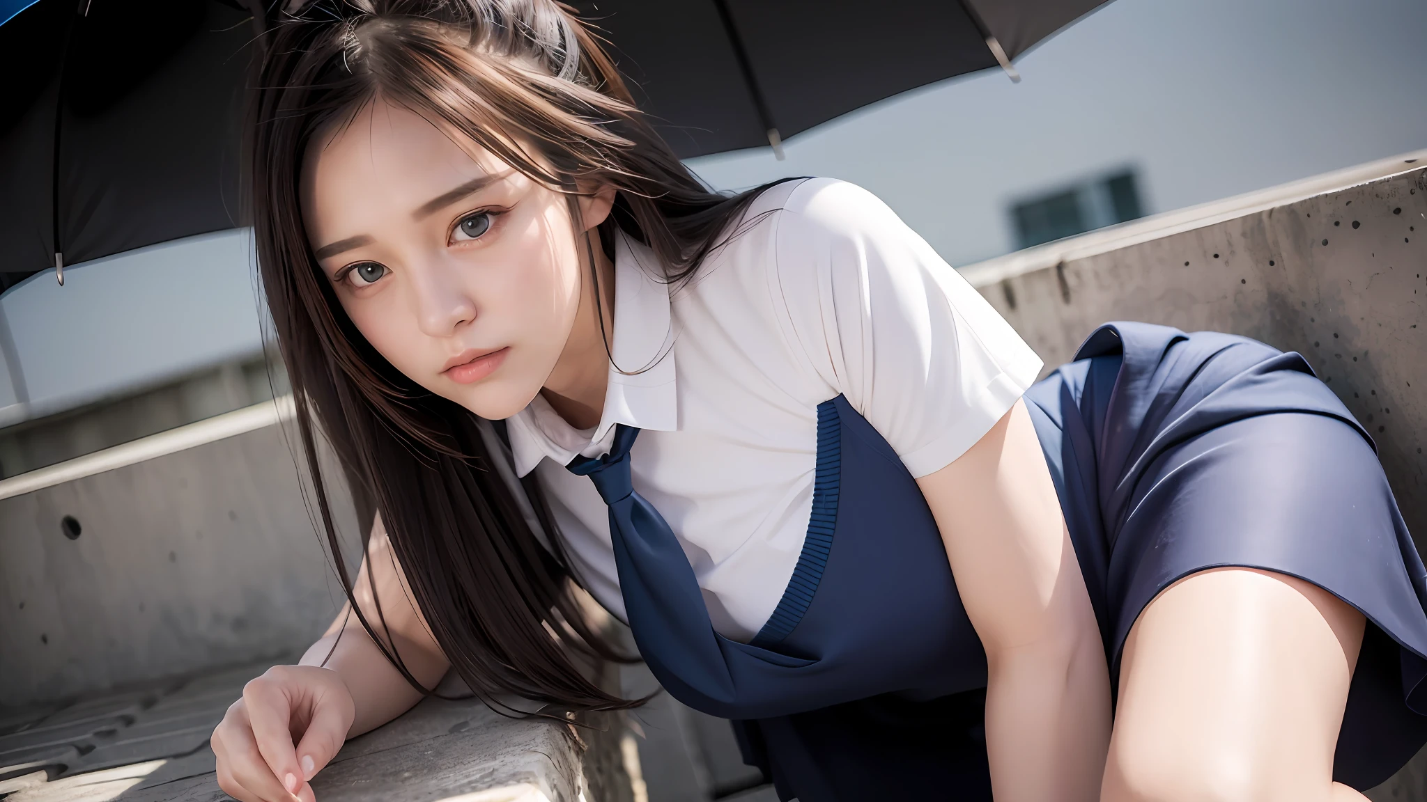 (8k, RAW photo, best quality, masterpiece:1.3),(realistic,photo-realistic:1.37),(night),(looking at viewer:1.331),(white hair),posing,Tokyo street,nightcityscape, cyberpunk city,soft light,1girl,extremely beautiful face,bust,put down hands,Random hairstyle,Random expression,big eyes, ,lower abdomen,(short-sleeved JK_shirt),JK_style,(dark blue JK_skirt) ,(bow JK_tie),mix4, detailed eyes
