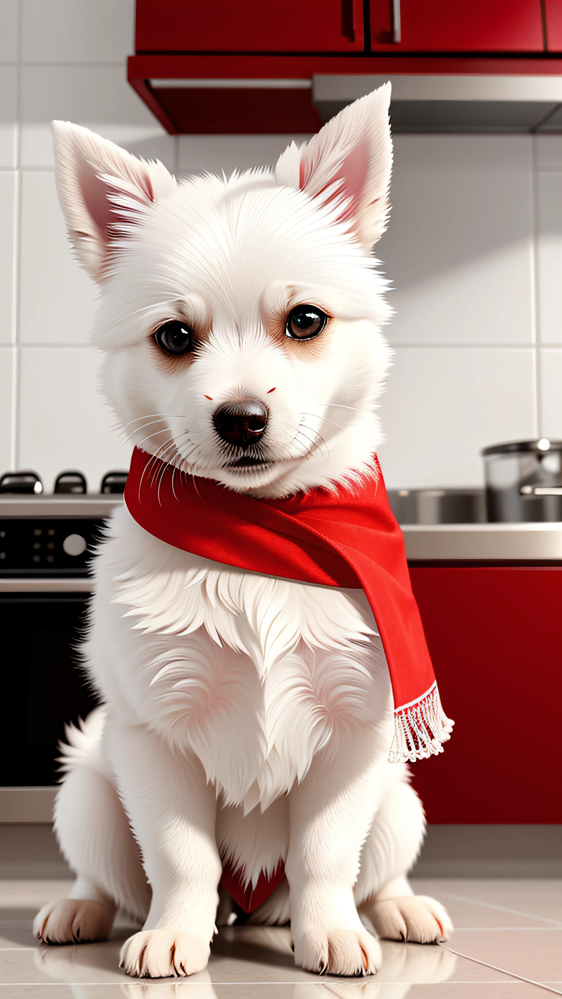 There is a small white dog, completely white hair, he is wearing a red bandana on his head, sitting, diffuse lighting, white kitchen, light tiled floor, natural lighting, hyper-realistic, 9k