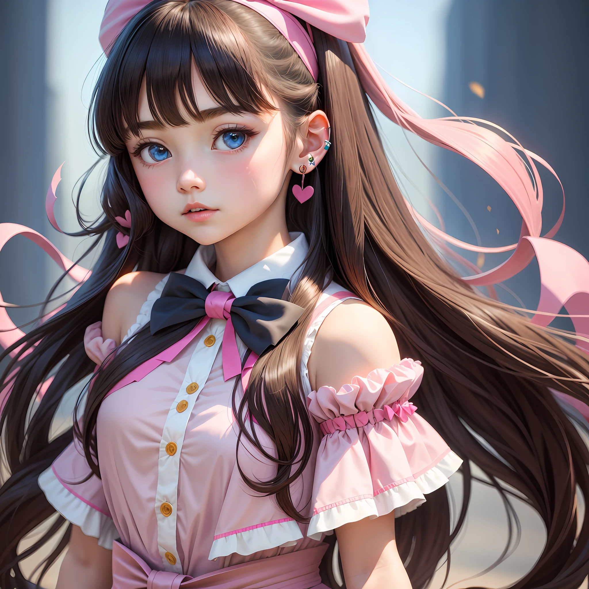 1girl, solo, long hair, blush, bangs, blue eyes, black hair, bow, accessories, shut up, upper body, hair bow, heart, headband, earrings, focus, eyelashes, pink bow, heart shaped earrings