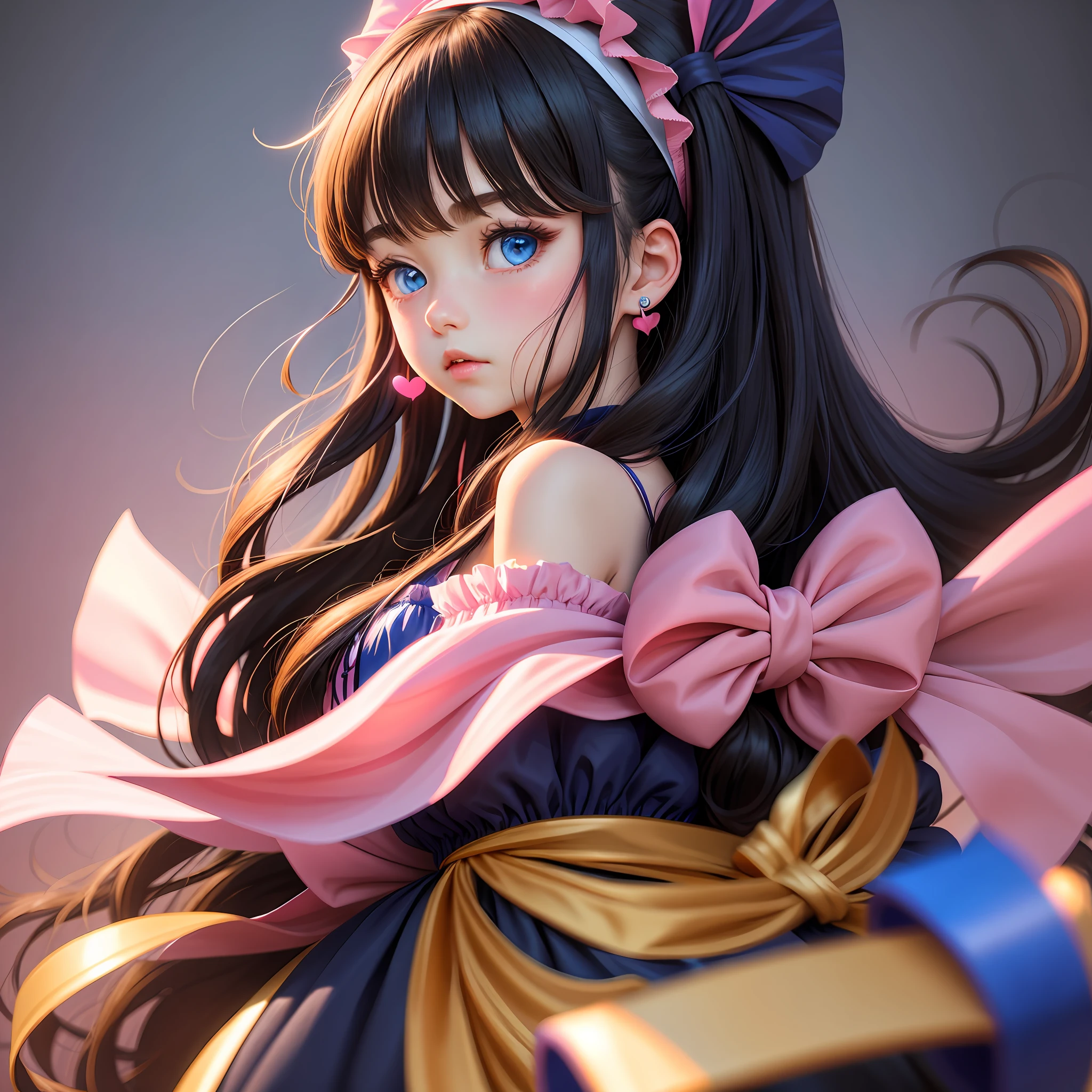 1girl, solo, long hair, blush, bangs, blue eyes, black hair, bow, accessories, shut up, upper body, hair bow, heart, headband, earrings, focus, eyelashes, pink bow, heart shaped earrings