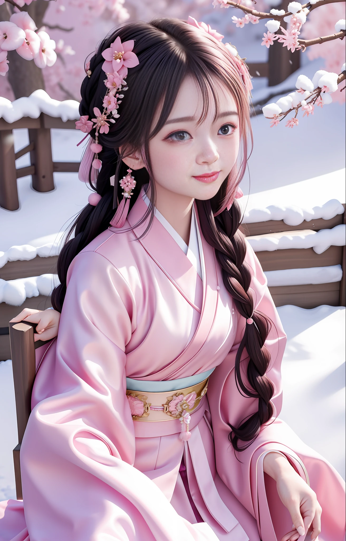 Pink robe, Hanfu long skirt, big eyes, masterpiece absolute beauty, 1 woman, close-up. Close-up, healing smile, snow scene, 4K quality, twisted braid, princess hairstyle, simple hair accessories, plum blossoms, beauty that people can't forget when they see it