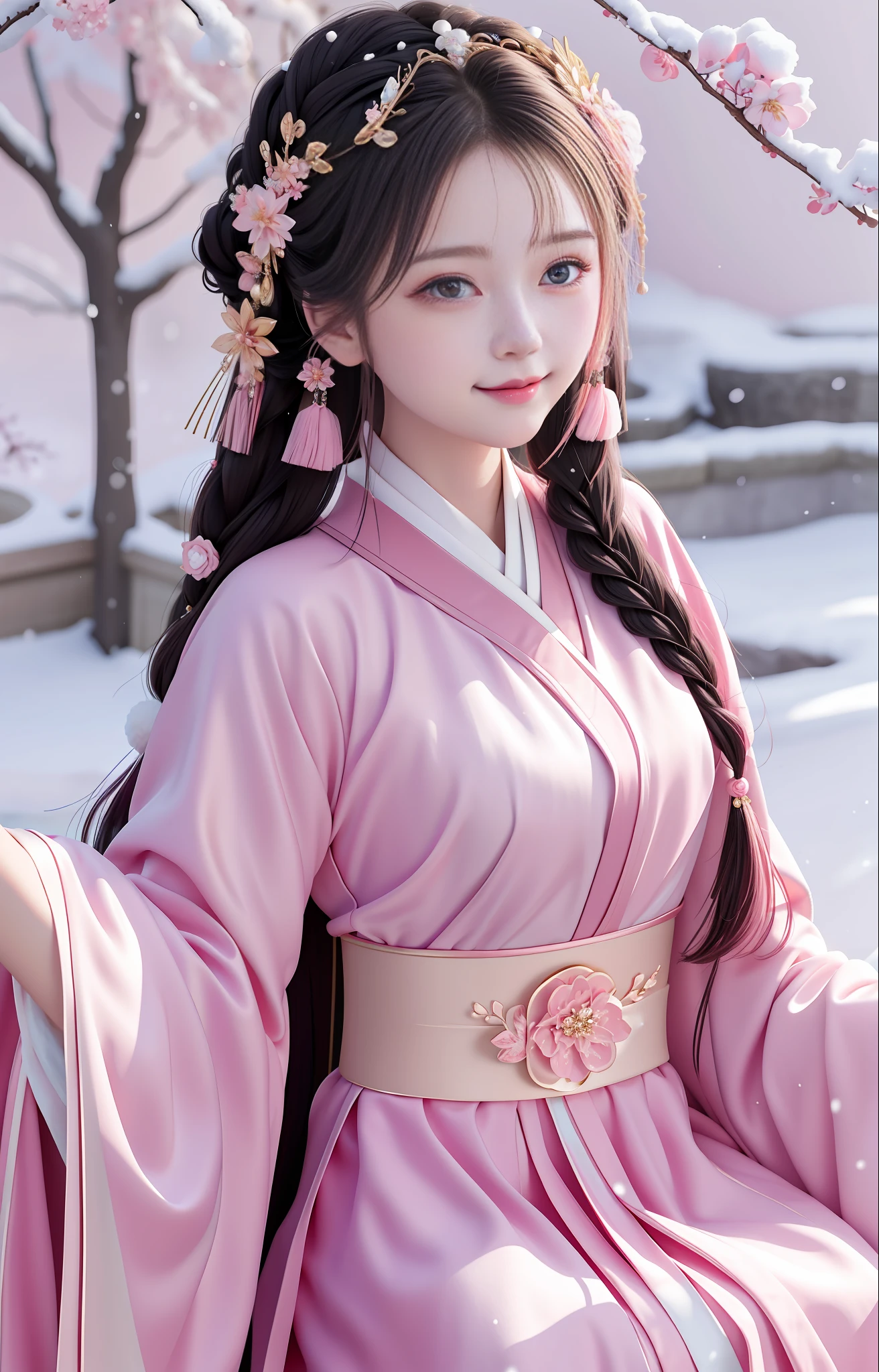 Pink robe, Hanfu long skirt, big eyes, masterpiece absolute beauty, 1 woman, close-up. Close-up, healing smile, snow scene, 4K quality, twisted braid, princess hairstyle, simple hair accessories, plum blossoms, beauty that people can't forget when they see it