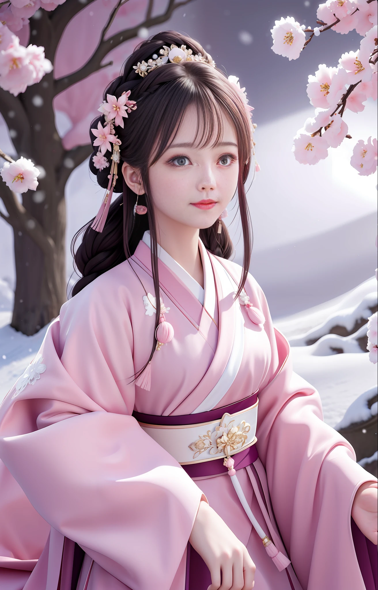 Pink robe, Hanfu long skirt, big eyes, masterpiece absolute beauty, 1 woman, close-up. Close-up, healing smile, snow scene, 4K quality, twisted braid, princess hairstyle, simple hair accessories, plum blossoms, beauty that people can't forget when they see it