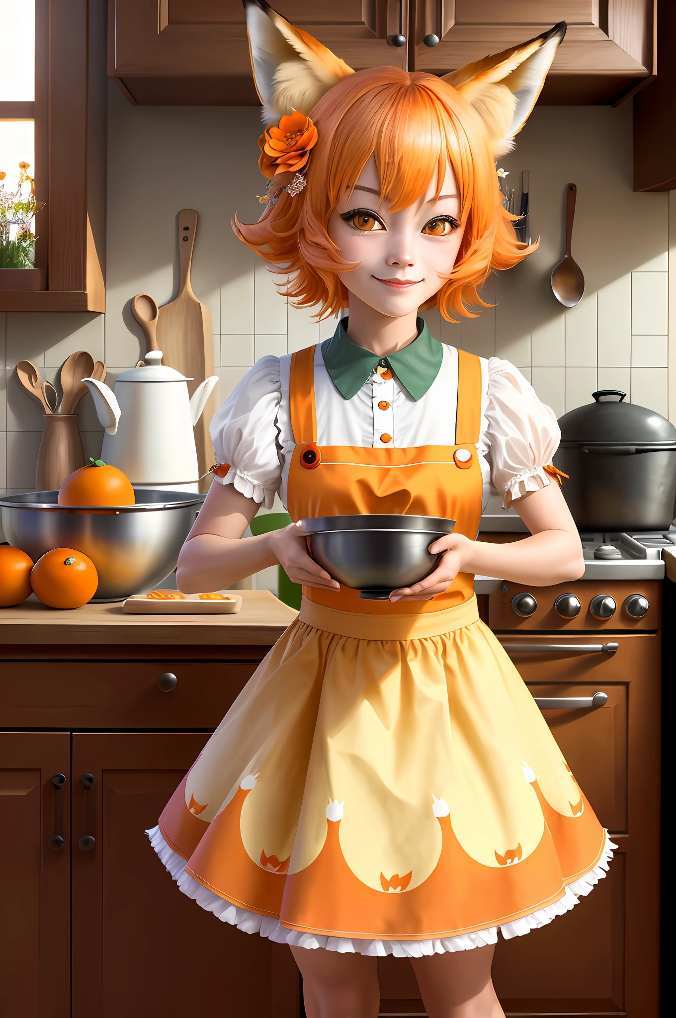 high detail, (photorealistic), realistic, masterpiece, best quality, ((portrait of Senko-san's face The helpful fox )), Senko-sancroptop, detailed face, detailed eyes, (hair flower), (hair ornament), (orange eyes), (orange hair), (short hair), tail, flat chest, Japanese maid, miko, happy, [smile, [pointed collar], pentagram] in the kitchen cooking on top of a stool. Foxtail.