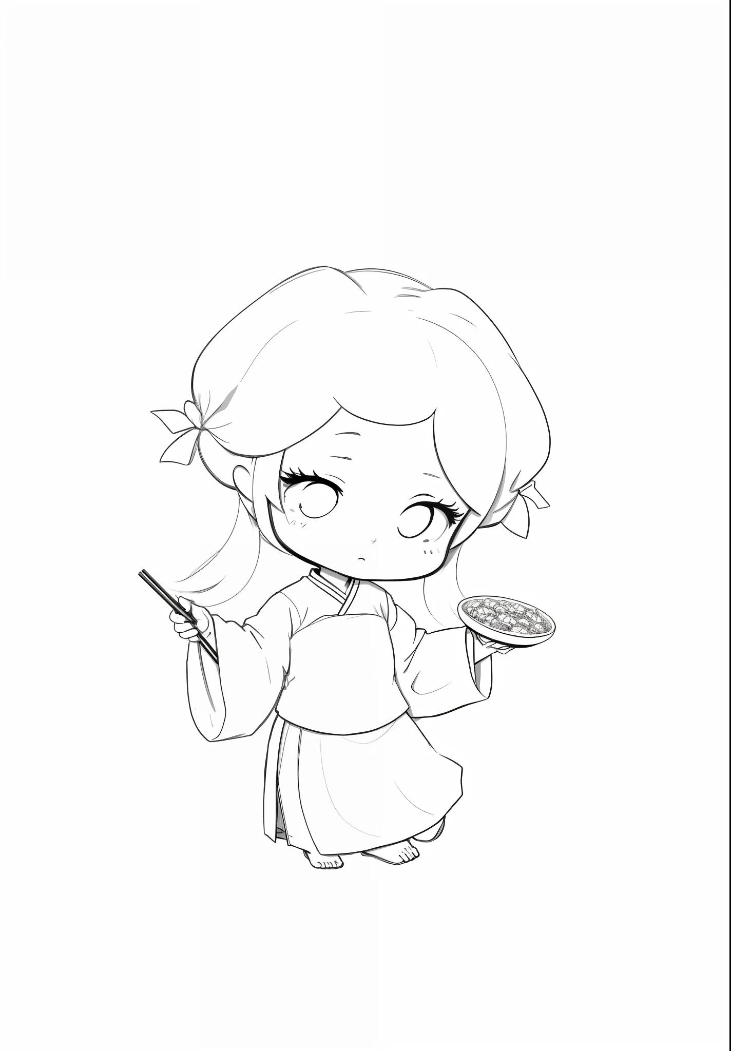 A girl in Hanfu holding chopsticks in her left hand and a plate full of dumplings in her right hand, winter solstice, simple line art, clean line art, line art, thick line art, clean anime silhouette, perfect line art, variable line art, contour sketch, little loli girl, loli, contour drawing, contour art, thick black line art, chibi girl
