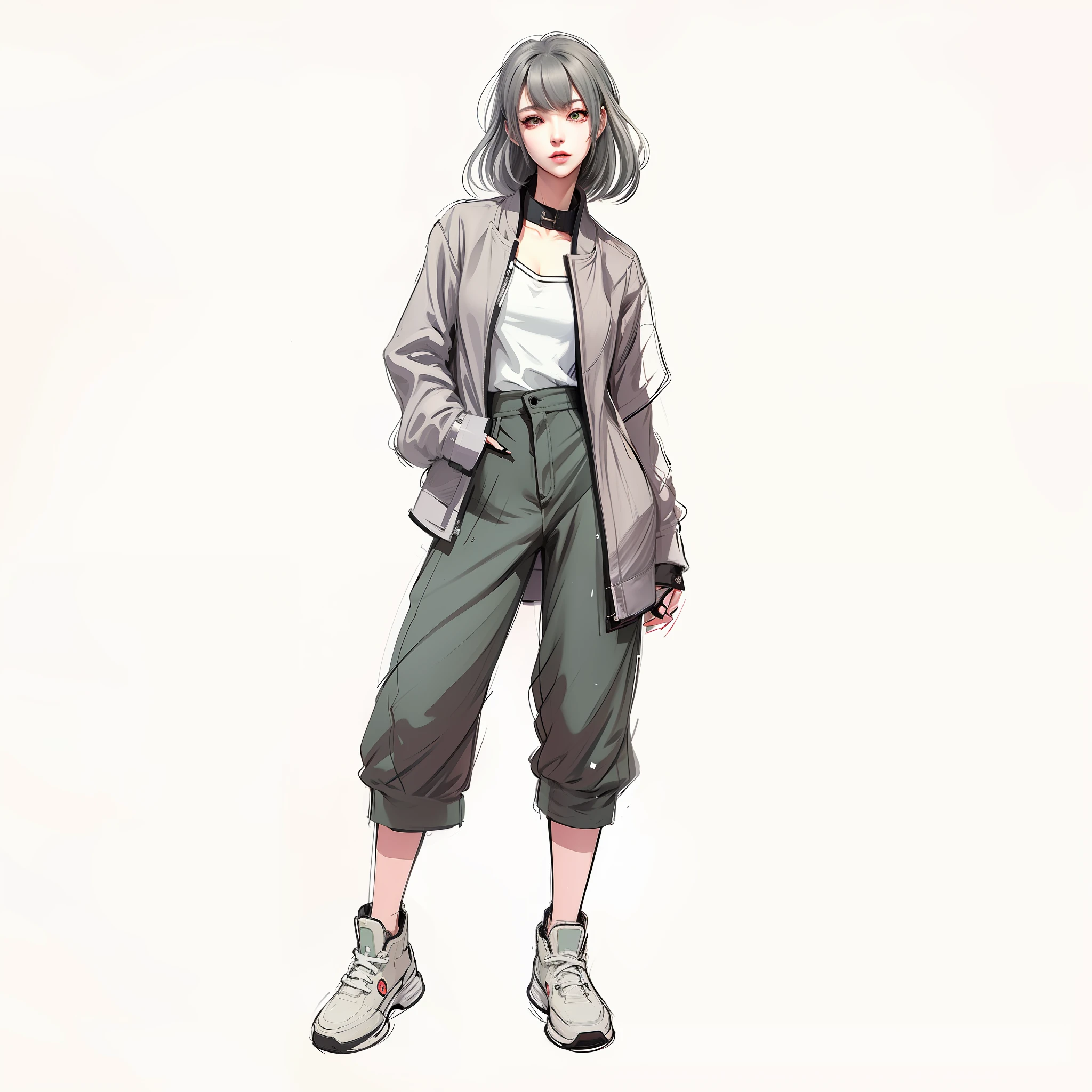 anime - style drawing of a woman in a gray coat and black pants, unrealistic character concept, muted cyberpunk style, anime style character, full body character design, urban girl fanart, realistic character concept, full body character drawing, character full body portrait, full body illustration, full body character concept, anime full body illustration, high quality character design, highly detailed character design