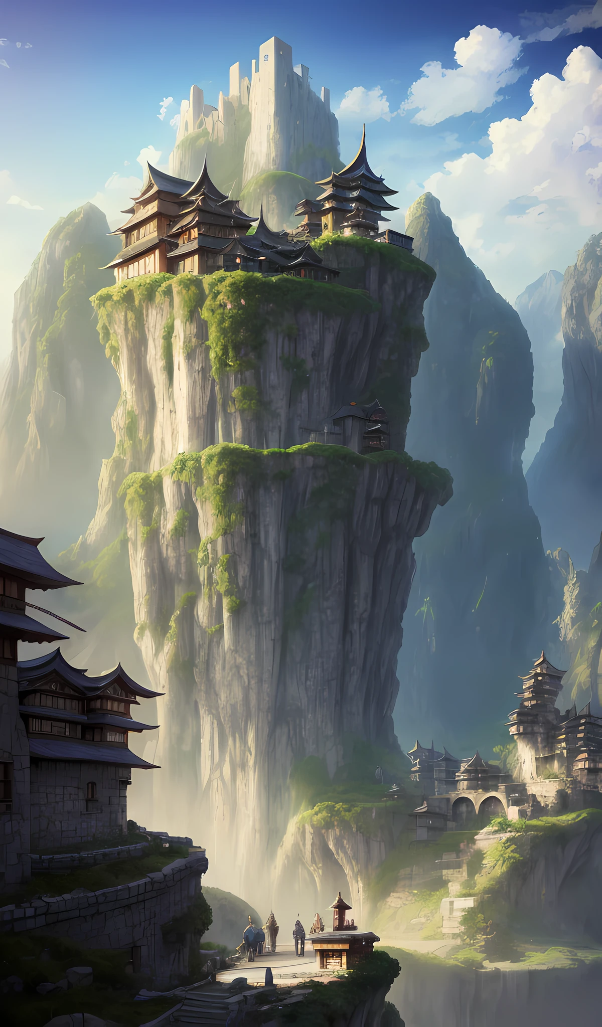 there is a picture of a building in the middle of a mountain, cliffside town, anime scenery concept art, mountain fortress city, fantasy matte painting，cute, illustration matte painting, ross tran. scenic background, environment painting, matte painting concept art, 2. 5 d cgi anime fantasy artwork, digital painting concept art, anime background art, detailed digital concept art