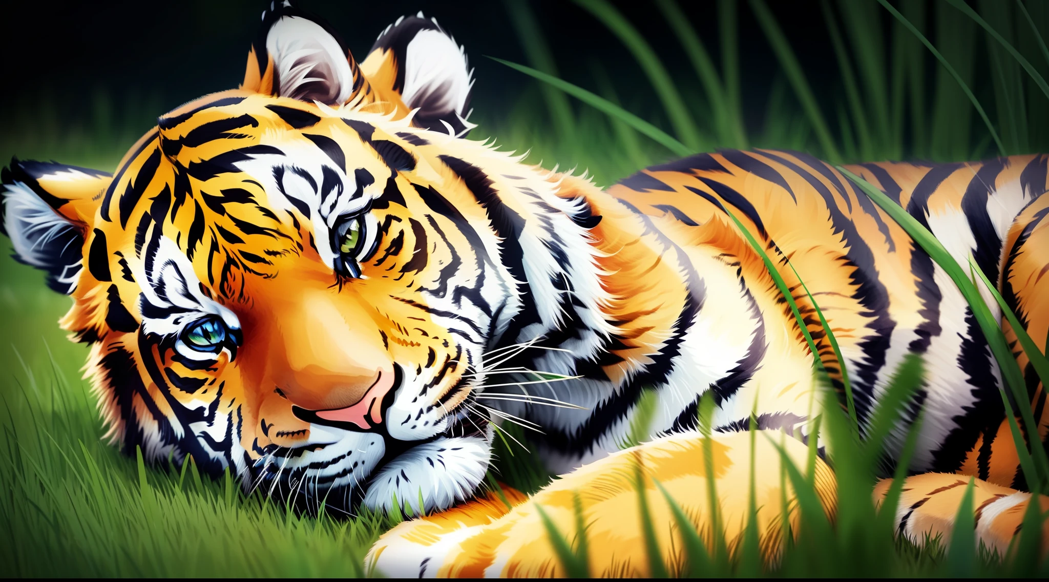 Cute  tiger, sleeping on his stomach in the grass, tiger close-up, detailed tiger, tiger surrounded by flowers and grass, Chinese brush illustration, black and white ink painting,