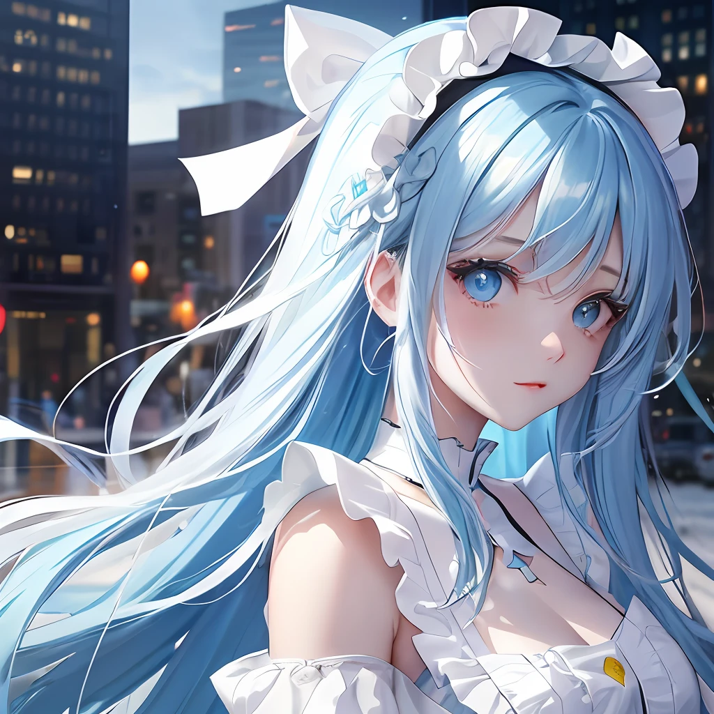 A cute girl, with long blue hair, eyes heterochromatic (blue), (yellow) 0.8], highlighting her colored eyes, white skin, wearing a beautiful white ruffled blouse of white color, happycore, manhua, cinematic lighting, 4k, , city background --upbeta --niji5.1 --uplight --s2