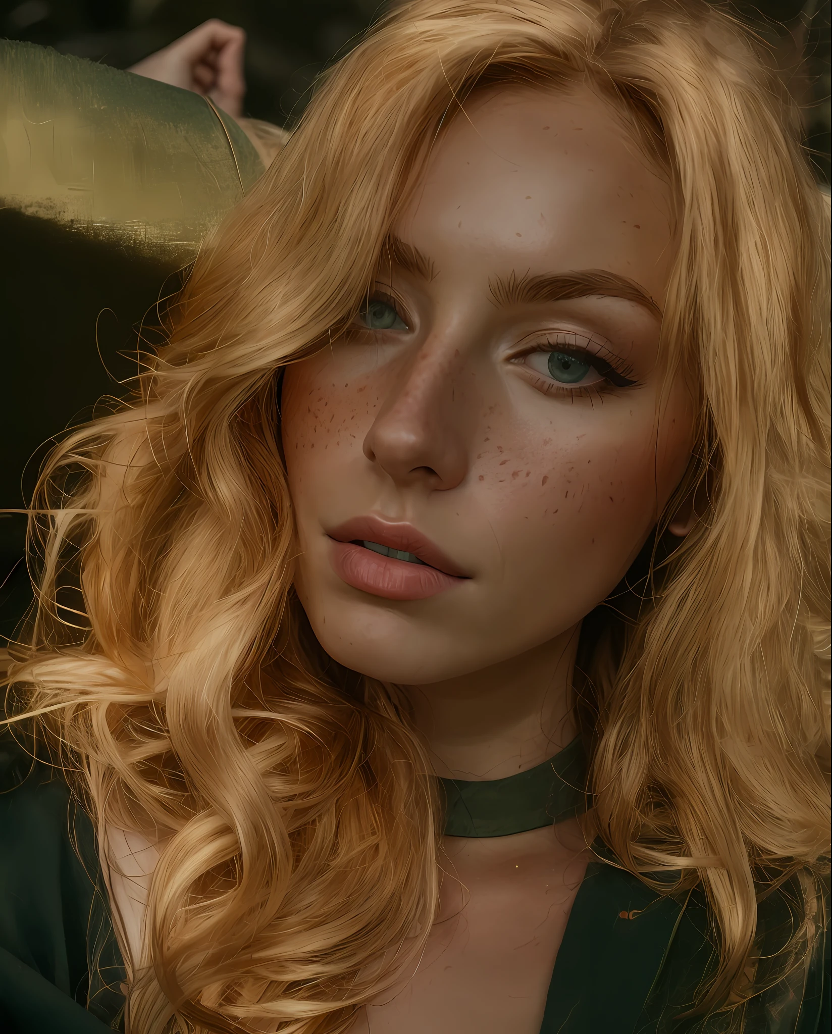 award winning photo, best quality, masterpiece, upper body, woman, freckled face, windblown blonde hair, emerald eyes, modern strapless dress by Jeremy Lipking, by Antonio J. Manzanedo, by lee jeffries nikon d850 film stock photograph 4 kodak portra 400 camera f1.6 lens rich colors hyper realistic lifelike texture dramatic lighting unreal engine trending on artstation cinestill 800, fisheye lens, Style-Kilt, windy beach, scottish loch, forest