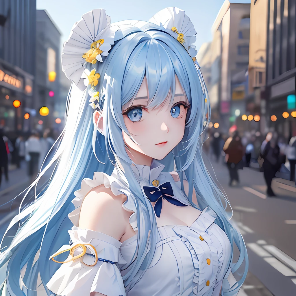 A cute girl, with long blue hair, eyes heterochromatic (blue), (yellow) 0.8], highlighting her colored eyes, white skin, wearing a beautiful white ruffled blouse of white color, happycore, manhua, cinematic lighting, 4k, teen, city background --upbeta --niji5.1 --uplight --s2